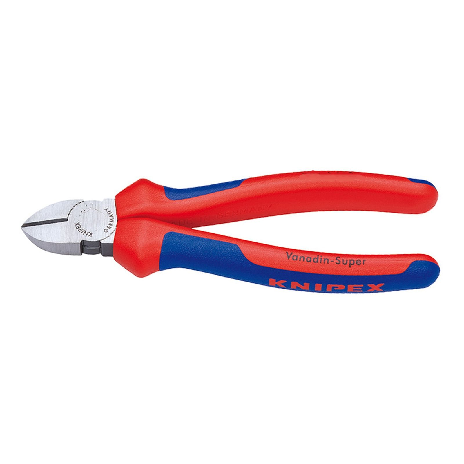 Diagonalschneider mit rot-blauen Griffen, silbernen Schneidkanten und dem Wort KNIPEX. Vanadin-Super ist darauf geschrieben.