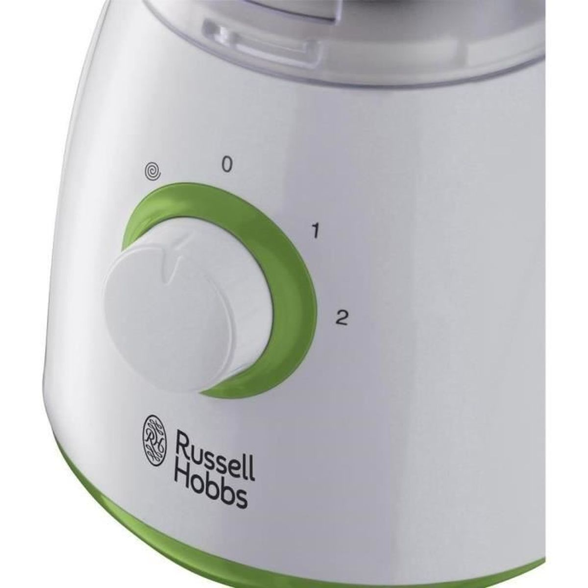 Un primo piano della base di un frullatore bianco con quadrante verde e logo Russell Hobbs.