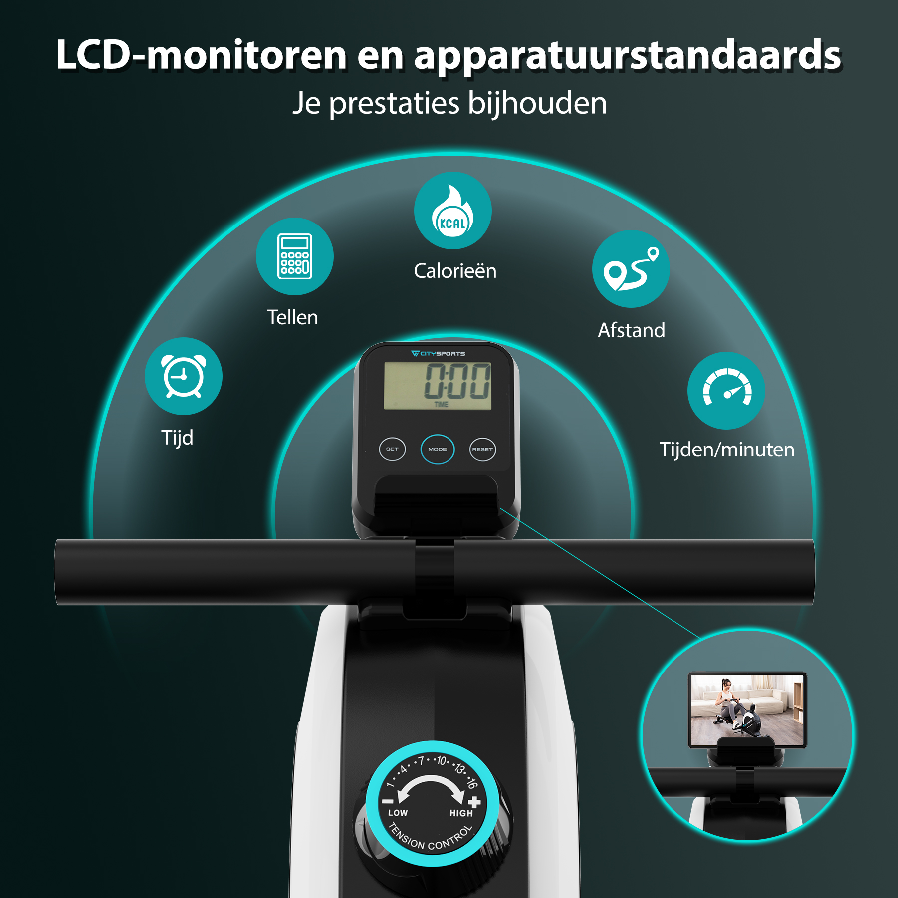 Close-up van een roeimachine met een scherm dat informatie weergeeft. Pictogrammen rond het scherm tonen verschillende statistieken.