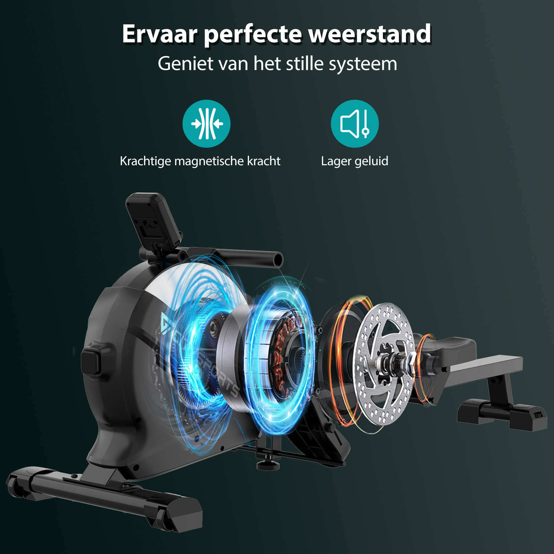 Roeimachine met interne mechanismen uitgelicht. Toont magnetische kracht en geluidsarme eigenschappen. Zwart en zilver design.