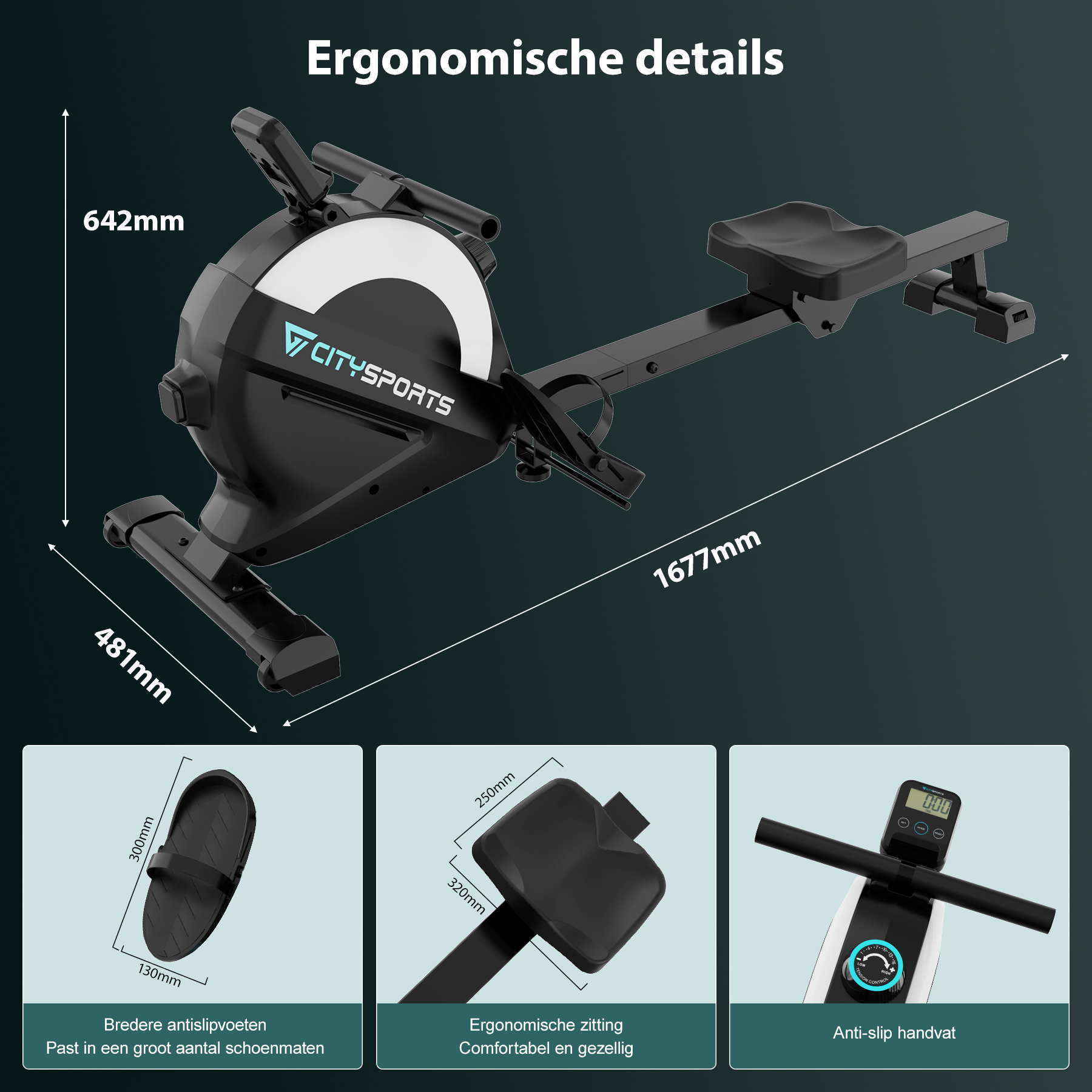 Roeimachine met afmetingen en detailopnamen van onderdelen. Inclusief voetsteunen, zitting en display. Zwart en wit.