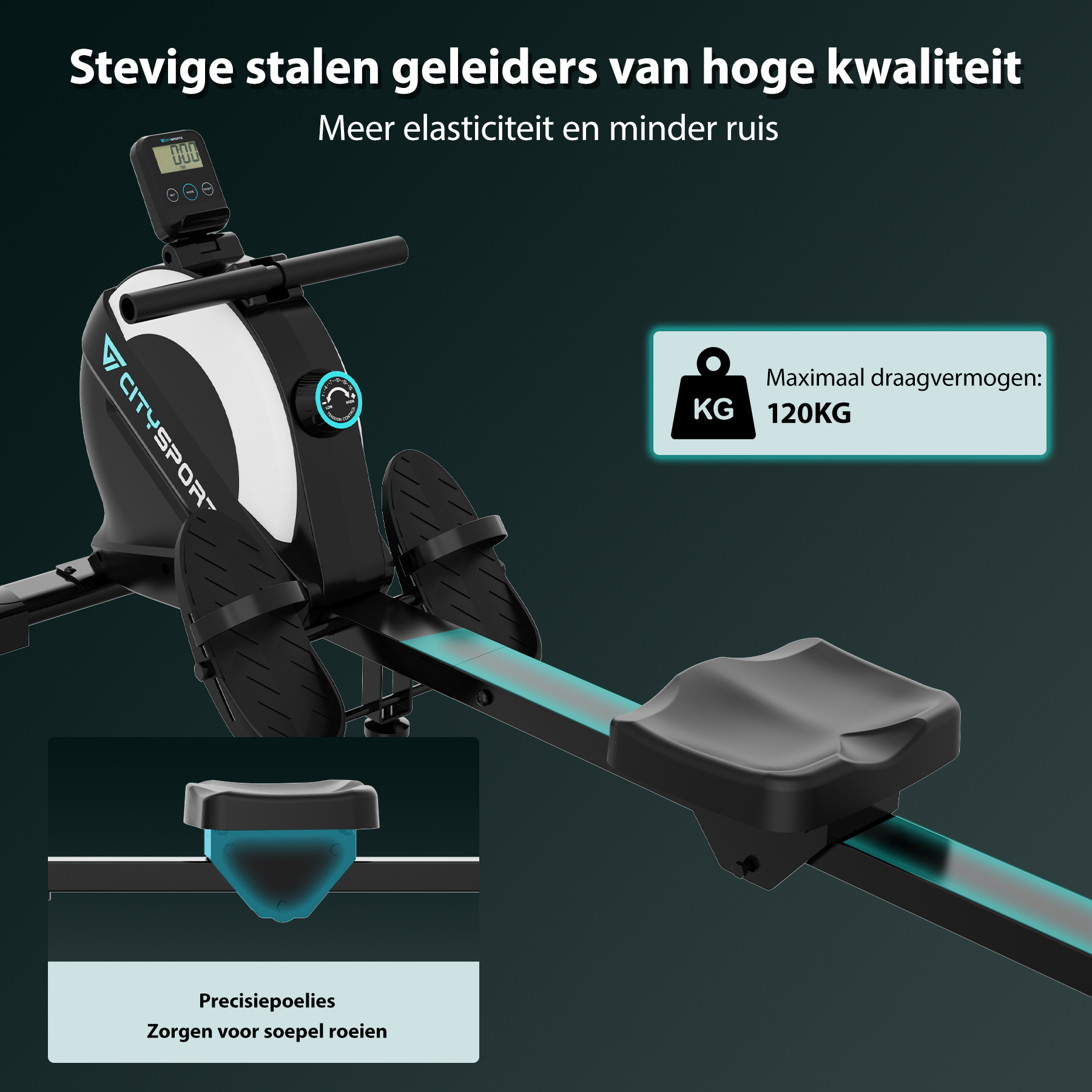 Roeimachine met digitaal display, zwarte zitting en voetsteunen. Max. gewicht 120 kg. Blauwe accenten benadrukken het ontwerp.