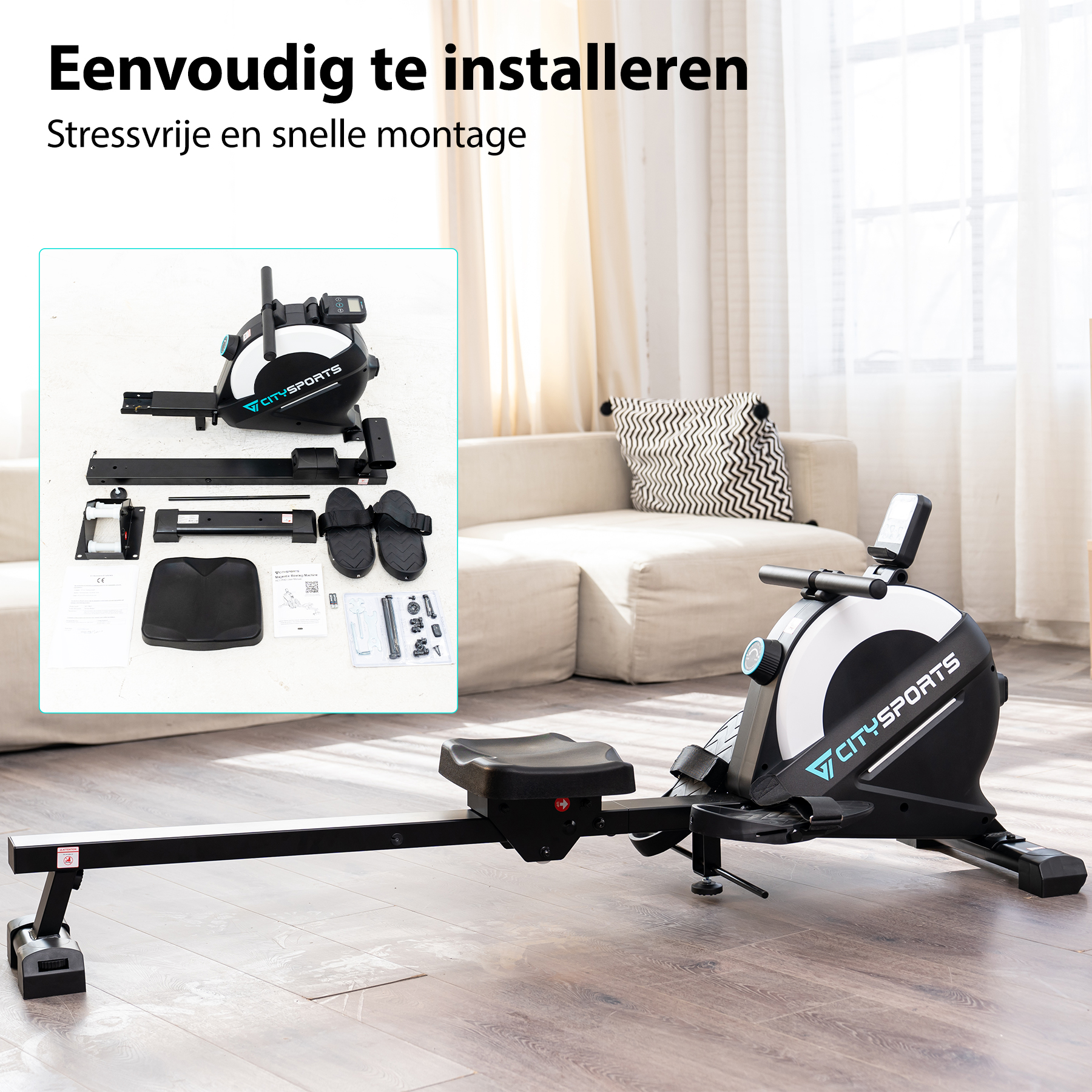 Roeimachine opgesteld in de woonkamer. Onderdelen worden getoond, met een close-up van de machine en een diagram van de opstelling.