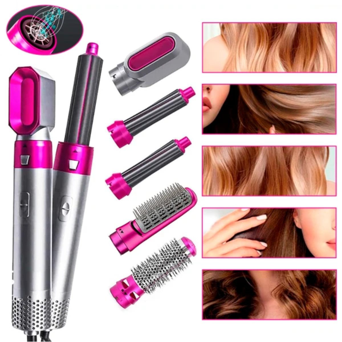 Herramientas de peinado y varios estilos de cabello. Las herramientas son plateadas y rosas. Los colores de cabello son rubio, marrón y oscuro.