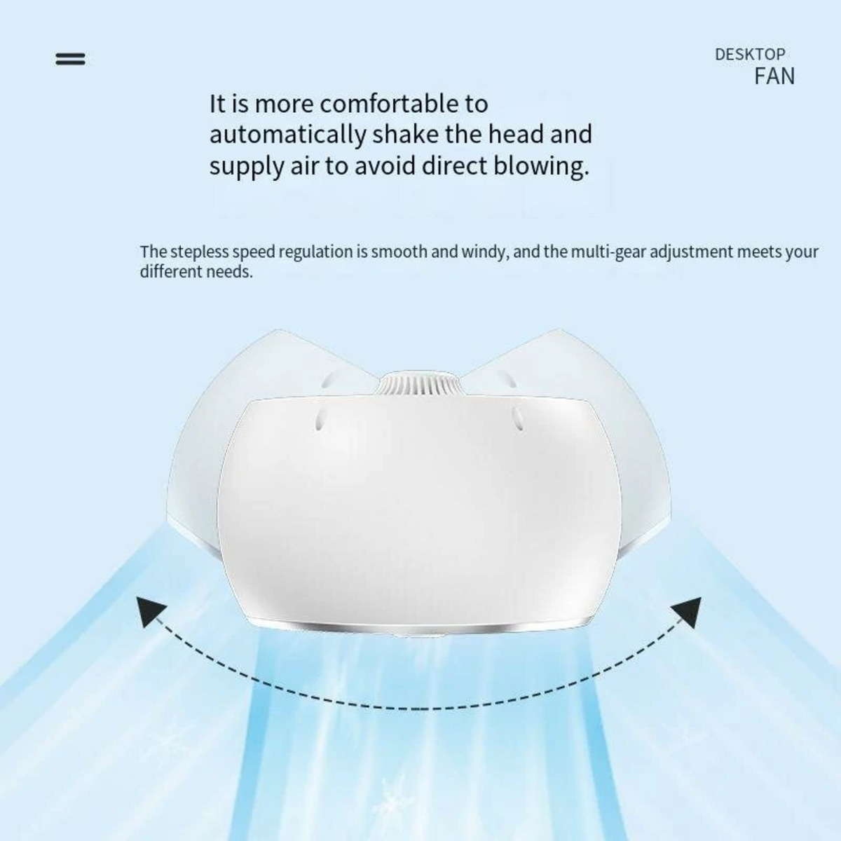 Ventilador blanco con un diseño curvo, que muestra la dirección del flujo de aire. El texto describe el movimiento automático de la cabeza y la regulación.