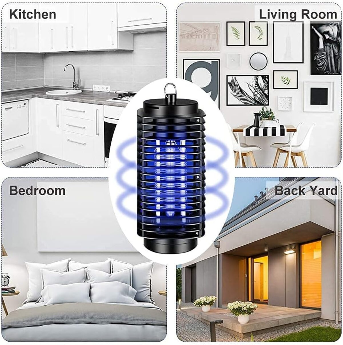 Un matamoscas en diferentes entornos: cocina, sala de estar, dormitorio y patio trasero. Tiene una luz UV azul.