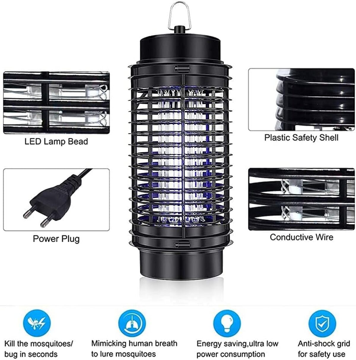 Un matamoscas negro con detalles de la lámpara LED, la carcasa de seguridad y el enchufe. Mata mosquitos de forma segura.
