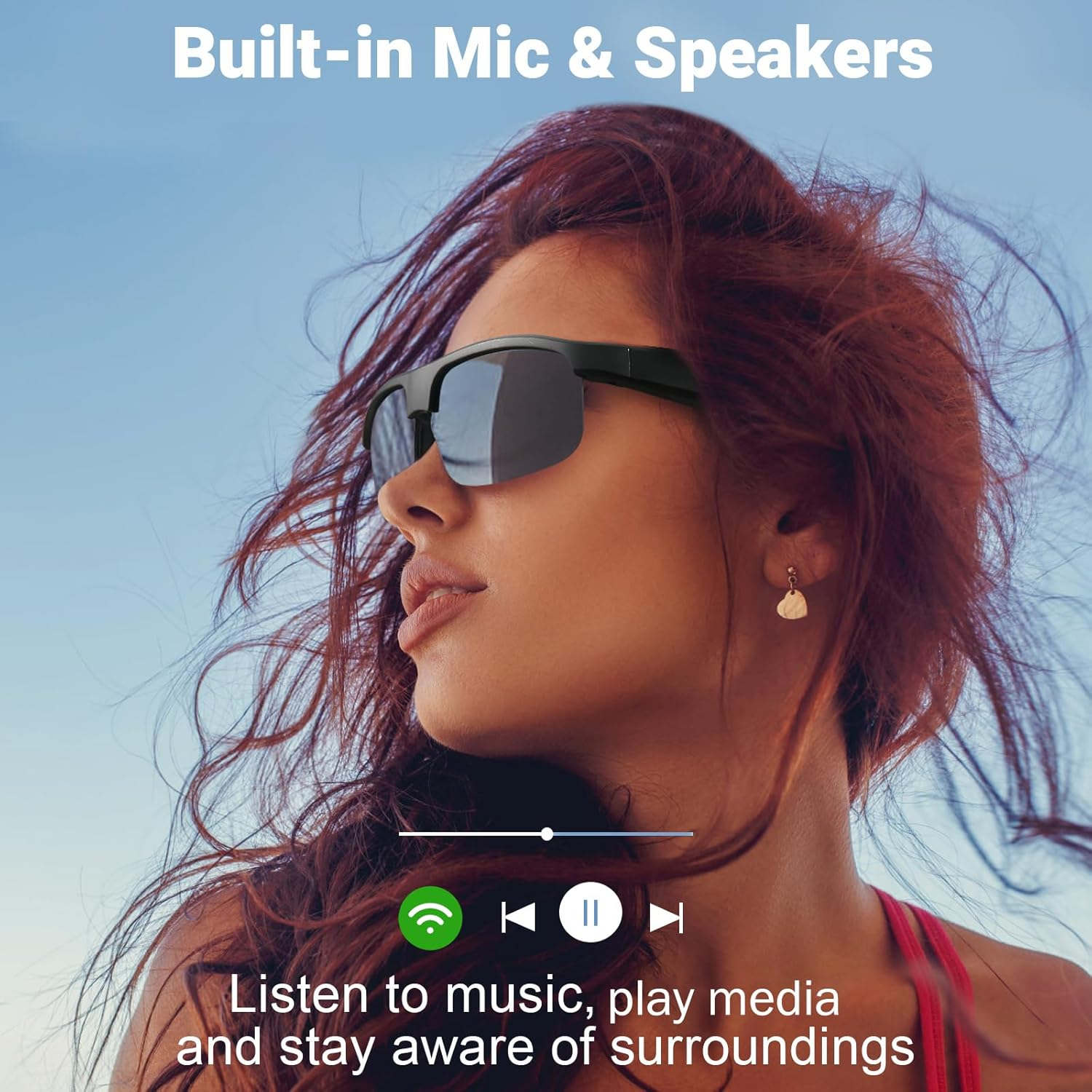Una mujer con gafas de sol escucha música. La imagen muestra una interfaz de teléfono con controles de reproducción/pausa.