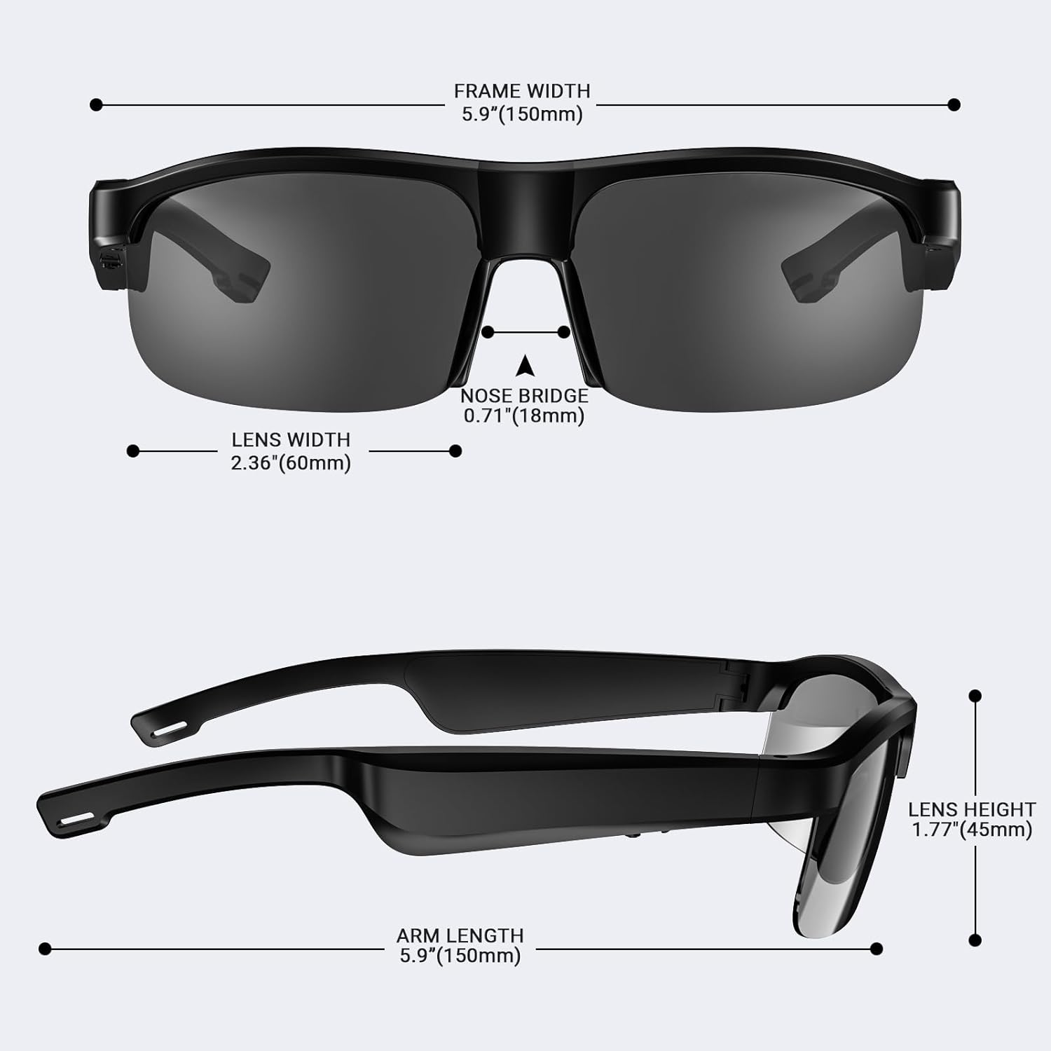 Primer plano de gafas de sol negras, que muestran el ancho del marco, el ancho de la lente, la longitud de la patilla, el puente nasal y la altura de la lente.