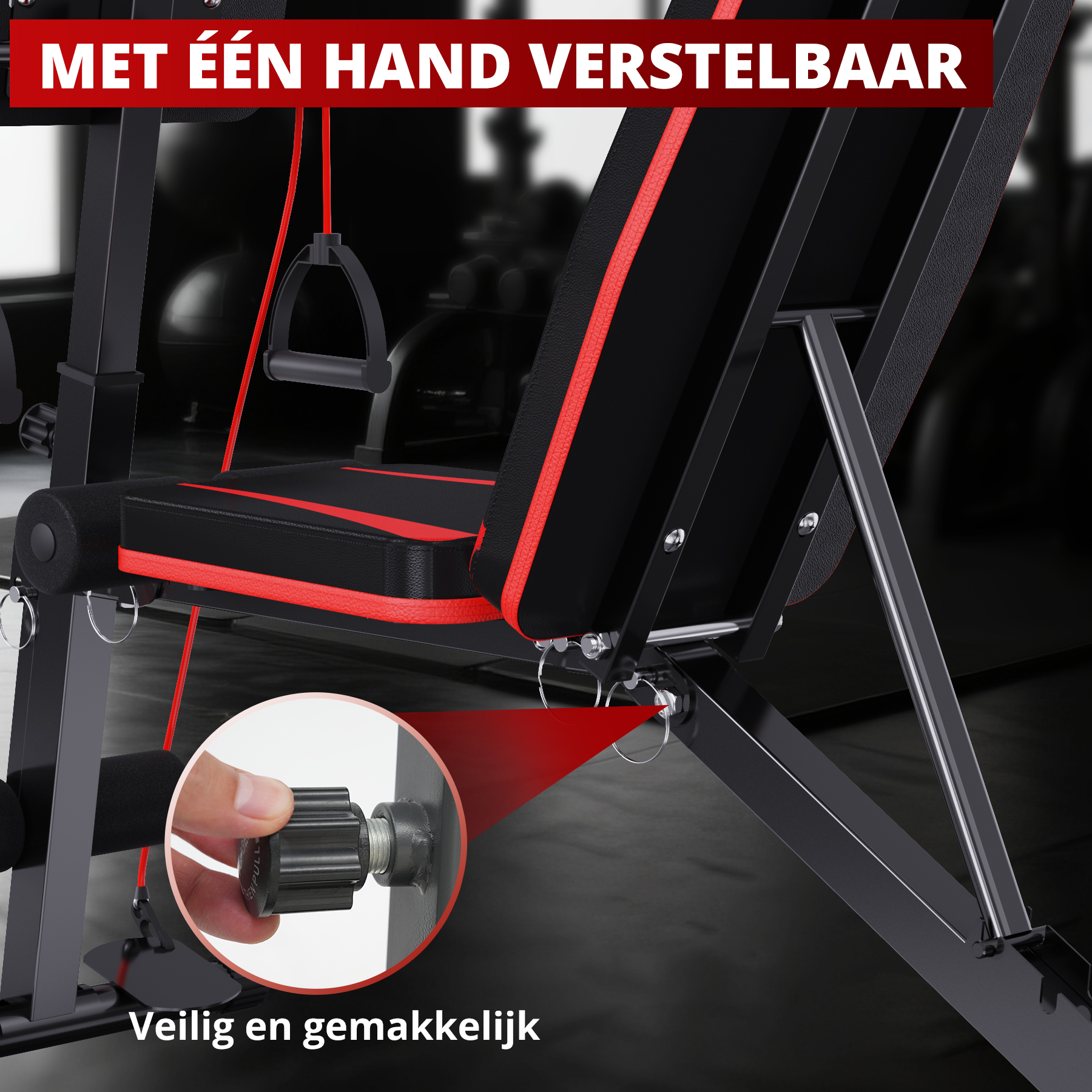 An exercise bench with red accents. A hand is adjusting a locking mechanism, showcasing its safety and ease of use.