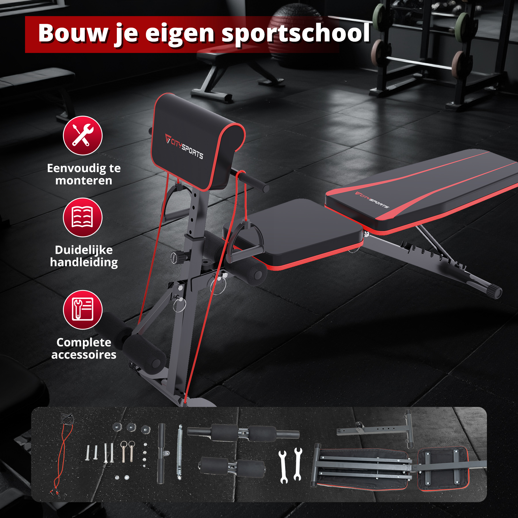 A workout bench with red accents is shown. It has a red band and disassembled parts.