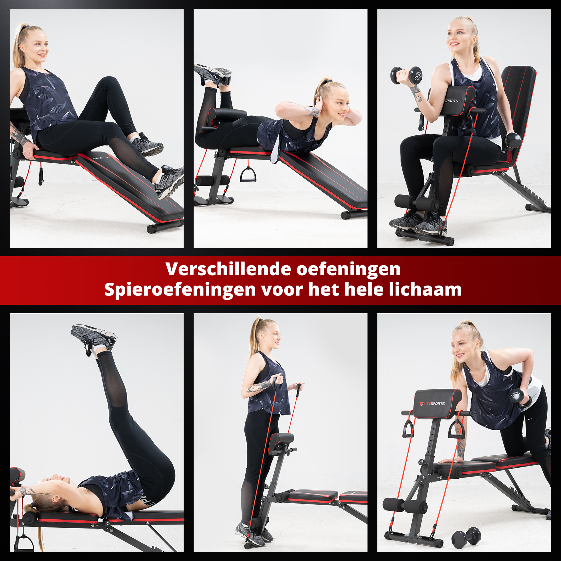 Six images show a woman doing various exercises on a black and red bench. She uses dumbbells and bands.