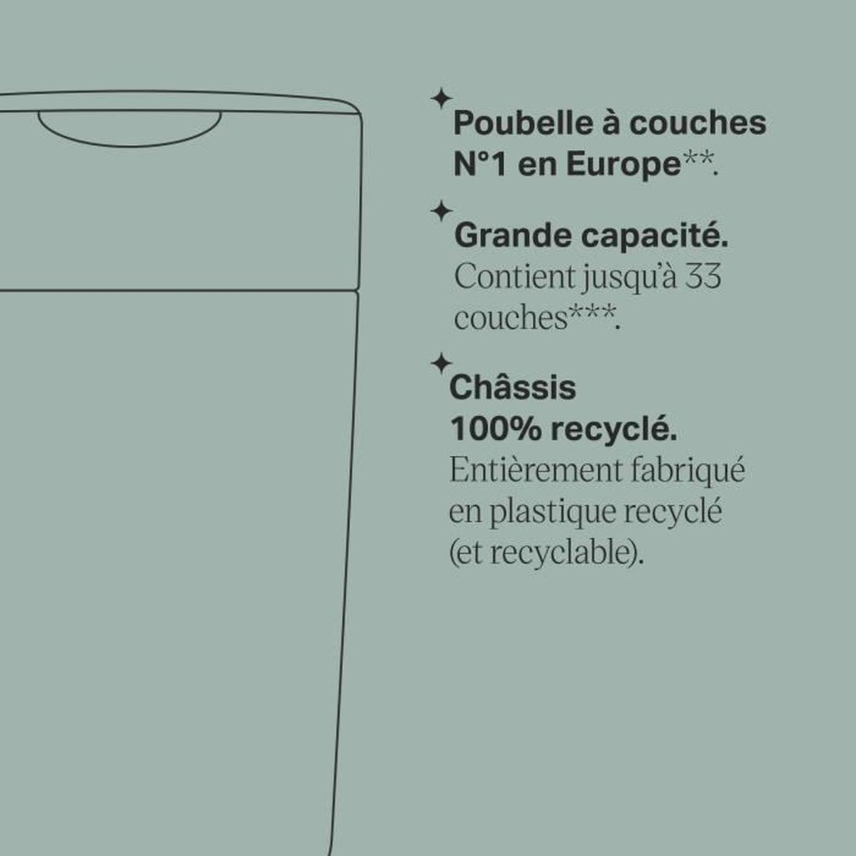 Text auf grünem Hintergrund: 'Windeleimer Nr. 1 in Europa'. 'Große Kapazität, bis zu 33 Windeln. 100 % recyceltes Fahrgestell'.
