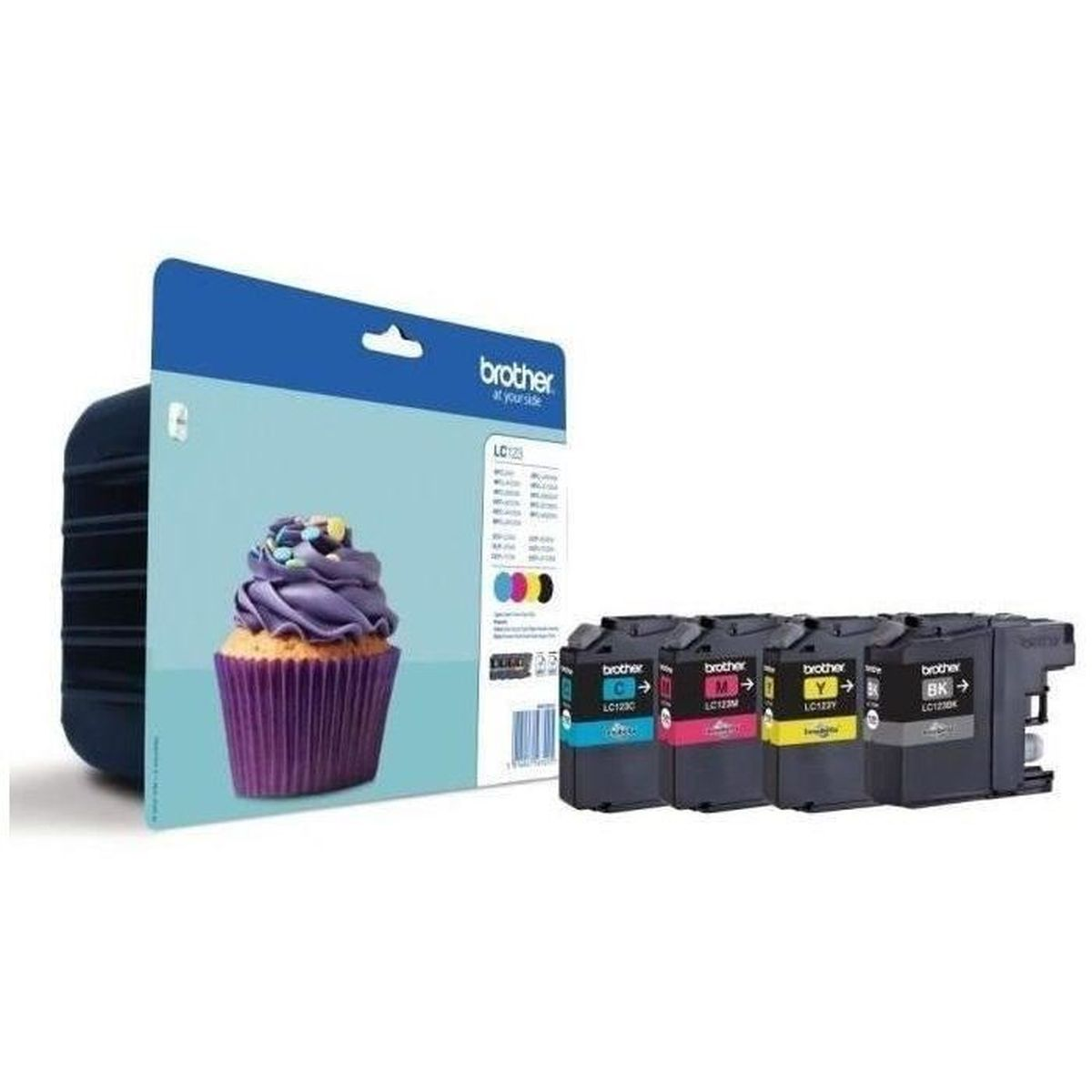 Bild von Brother LC122 Tintenpatronen und Verpackung. Auf der Verpackung ist ein Cupcake-Bild. Verschiedene Farbtintenpatronen sind ausgestellt.
