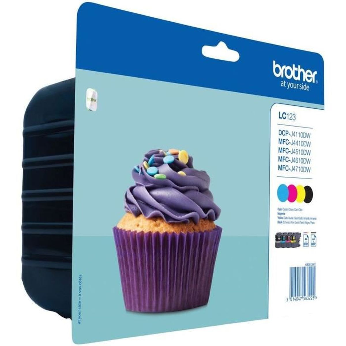 Eine blaue und weiße Brother-Tintenpatronen-Box mit Cupcake-Illustration, auf weißem Hintergrund.