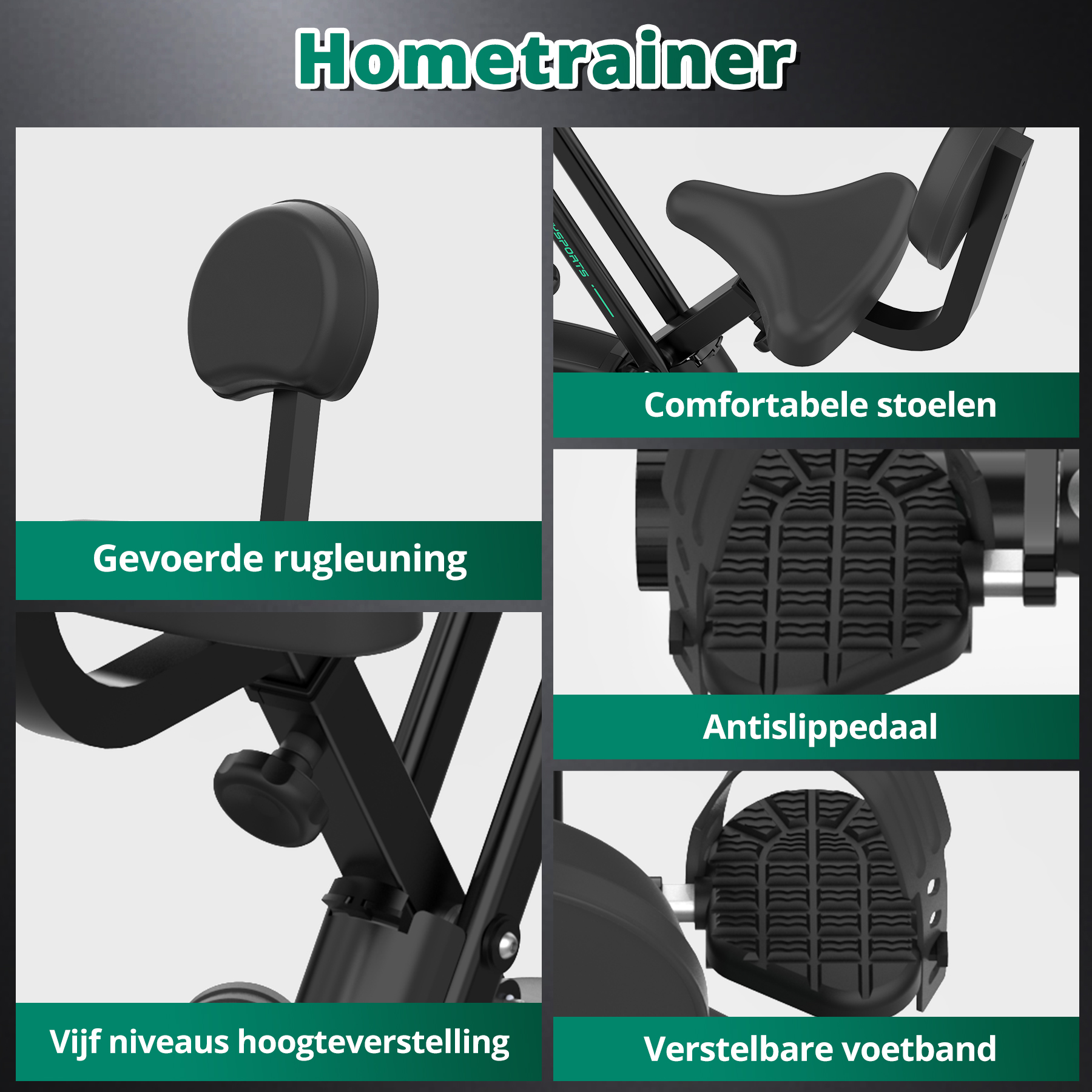 Close-up images of a home trainer, showing the padded backrest, comfortable seats, anti-slip pedals, and adjustable foot straps.
