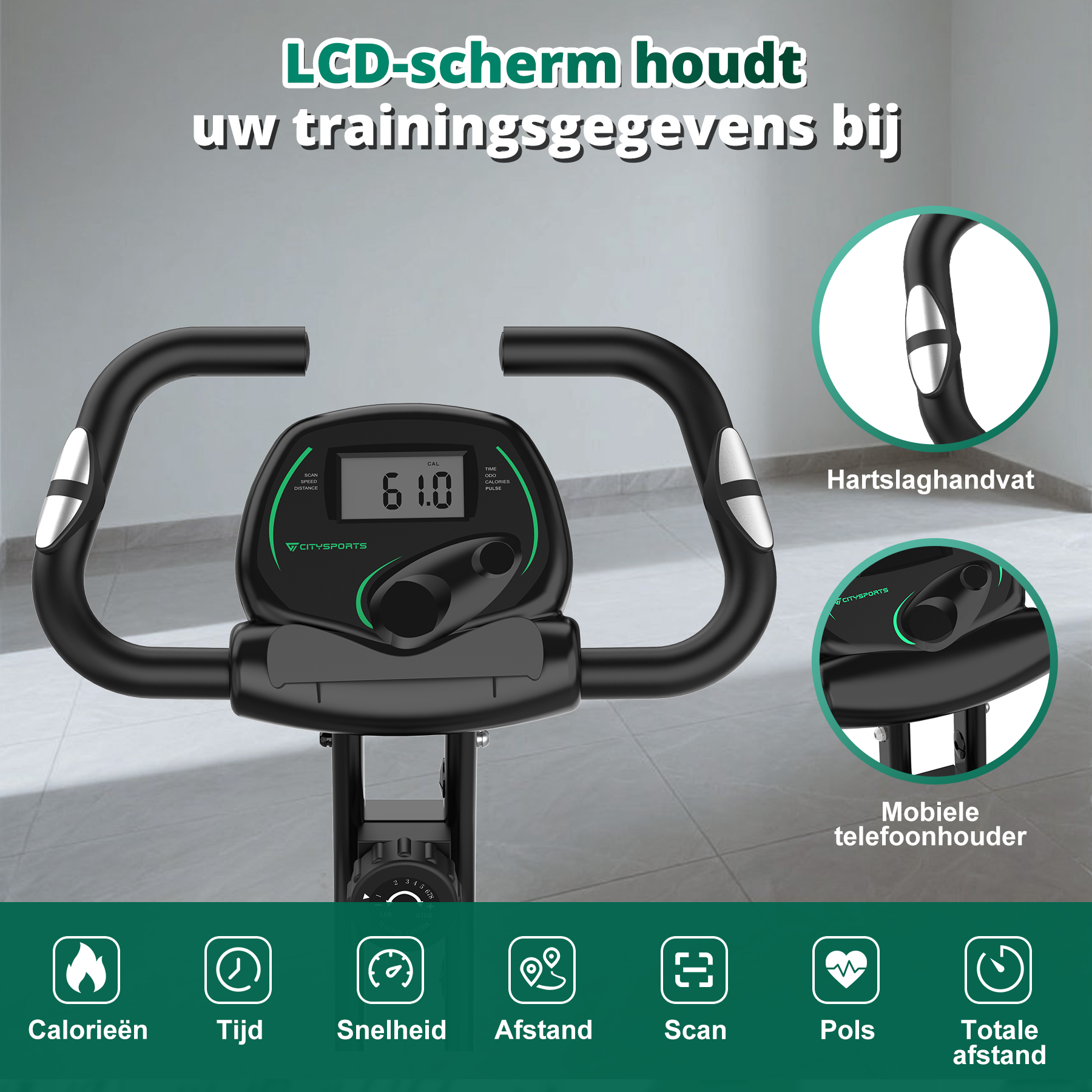 Exercise bike console with digital display. Icons and text in Dutch, with a heart rate handle.