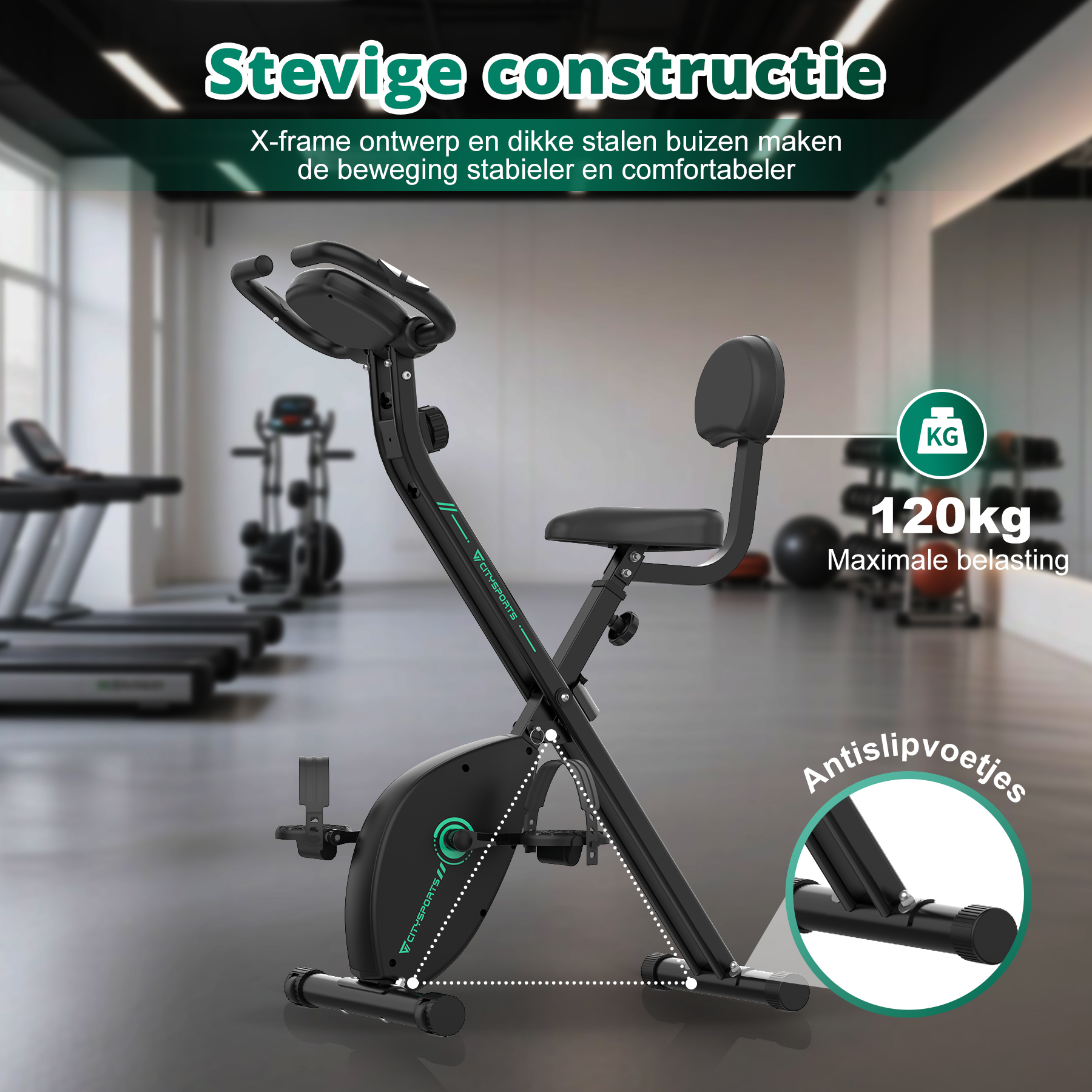An exercise bike with text and a weight limit on the side, placed indoors, in a gym setting.