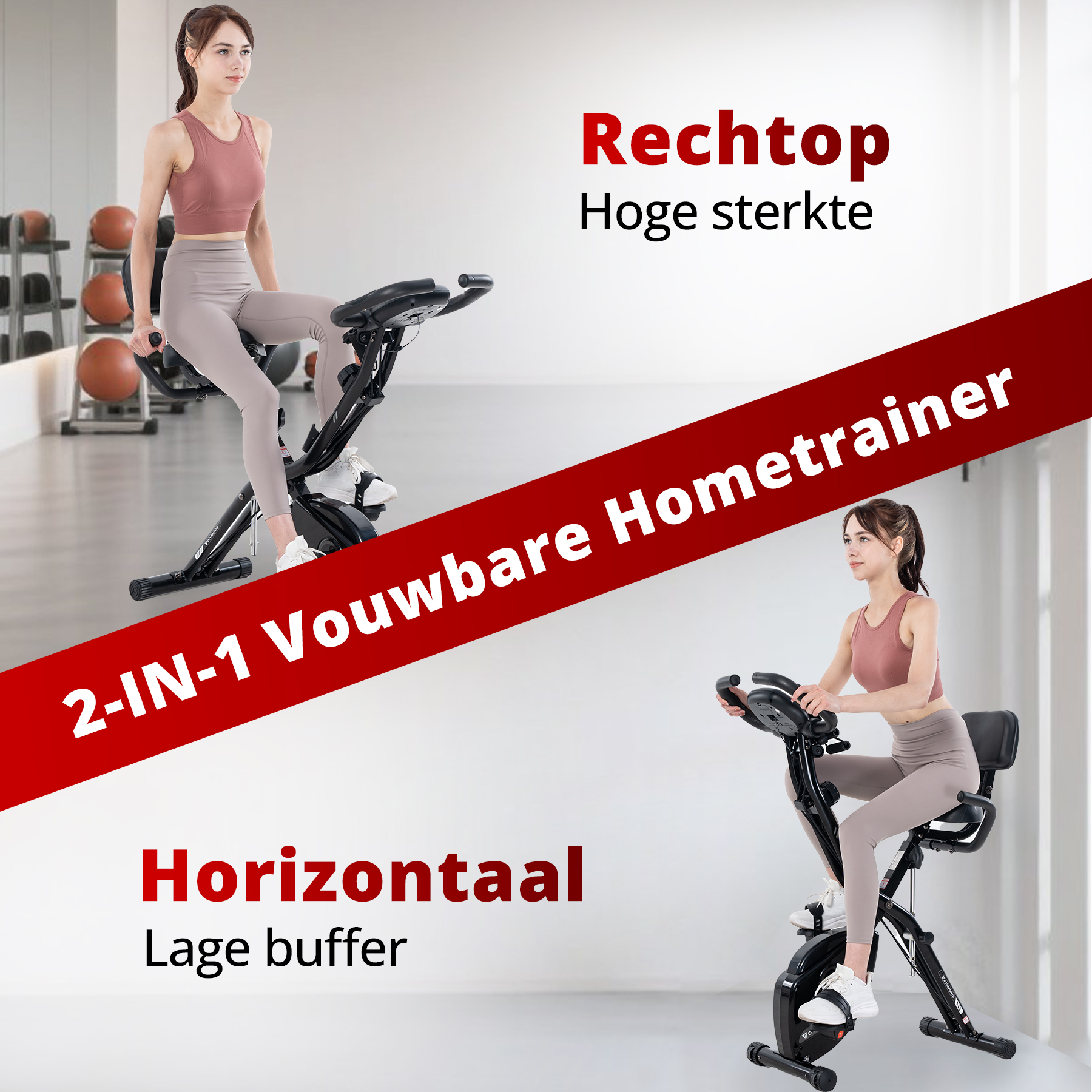 Two images of a folding exercise bike and text about its features.