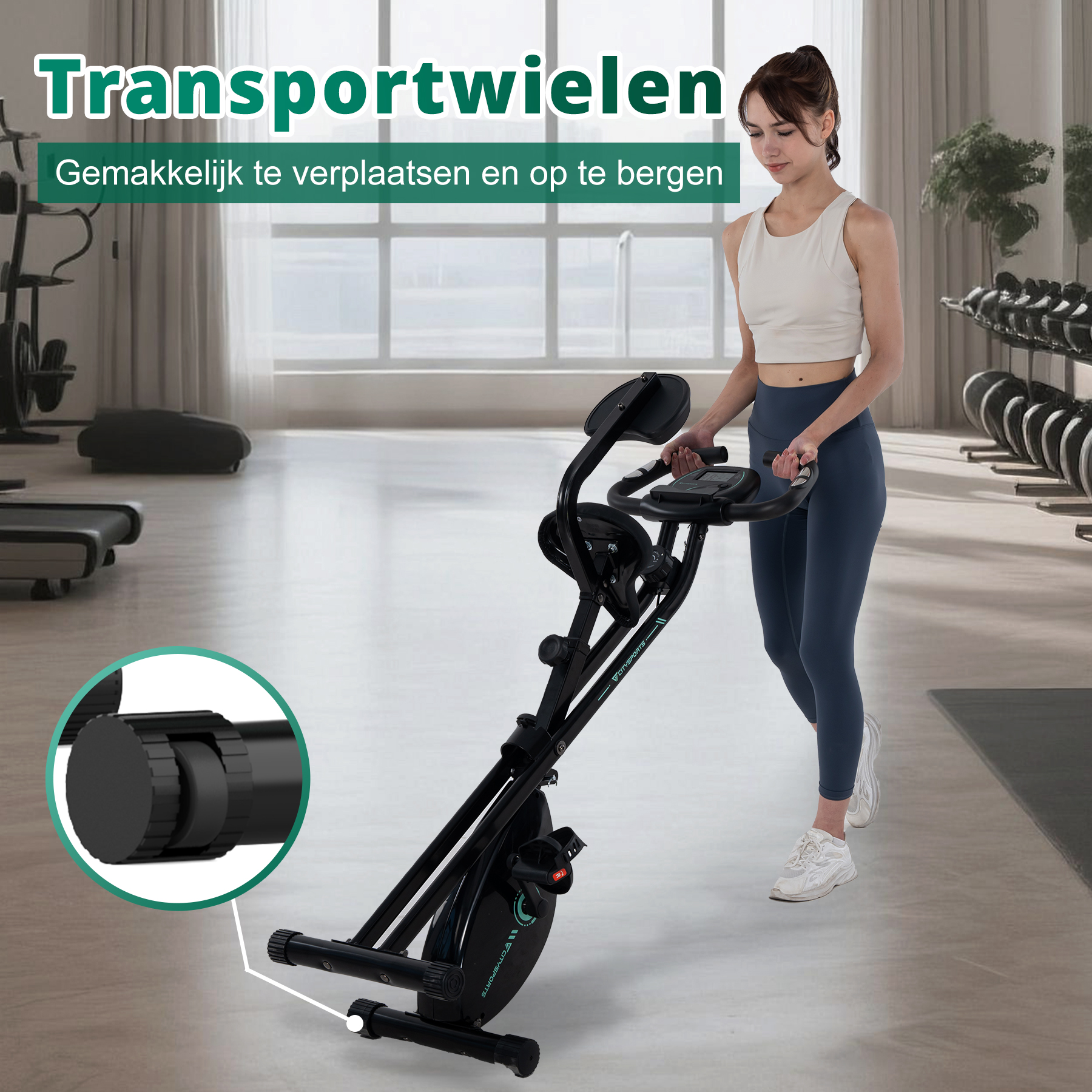 Woman moving an exercise bike in a room. The bike has wheels.