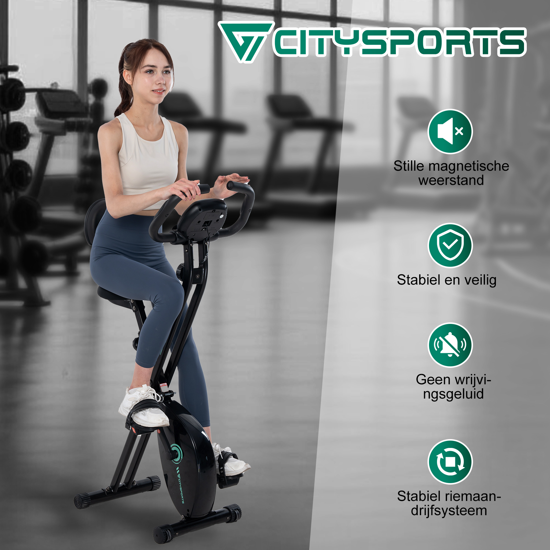 Woman using a stationary bike, with icons and text about features.
