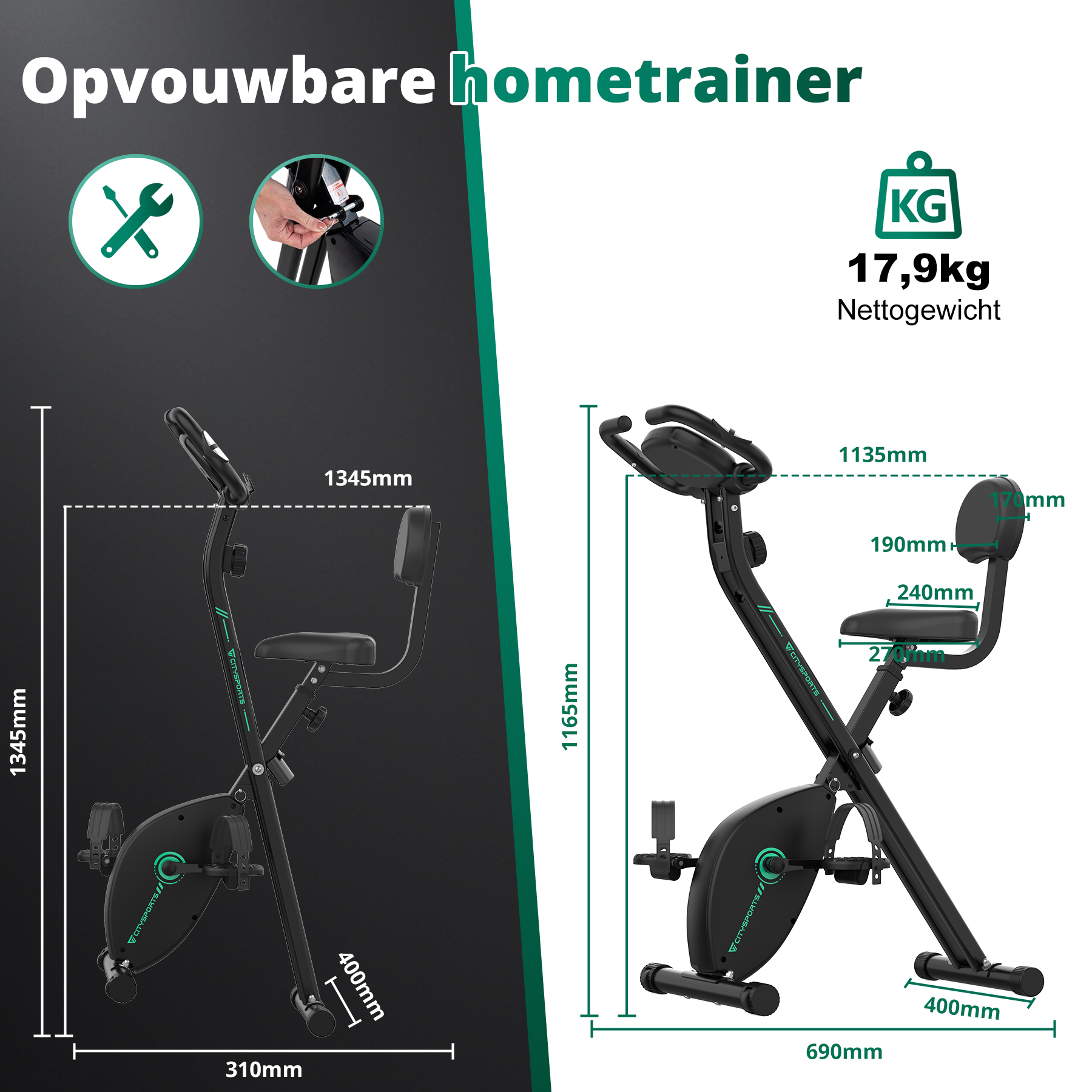 Folding exercise bike with dimensions marked and a person's hand on a part.