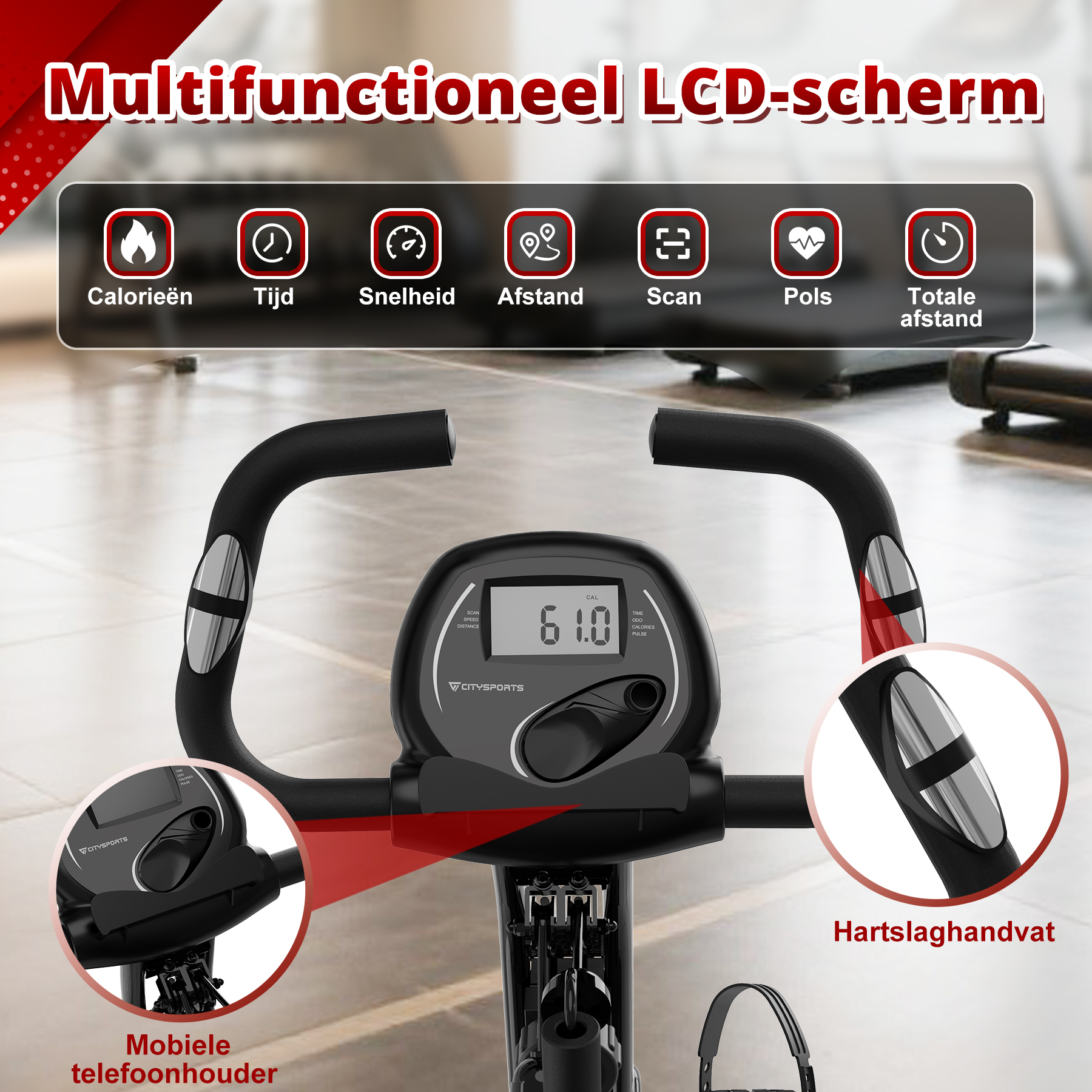 Exercise bike's console with a screen showing stats, and close-ups of controls.