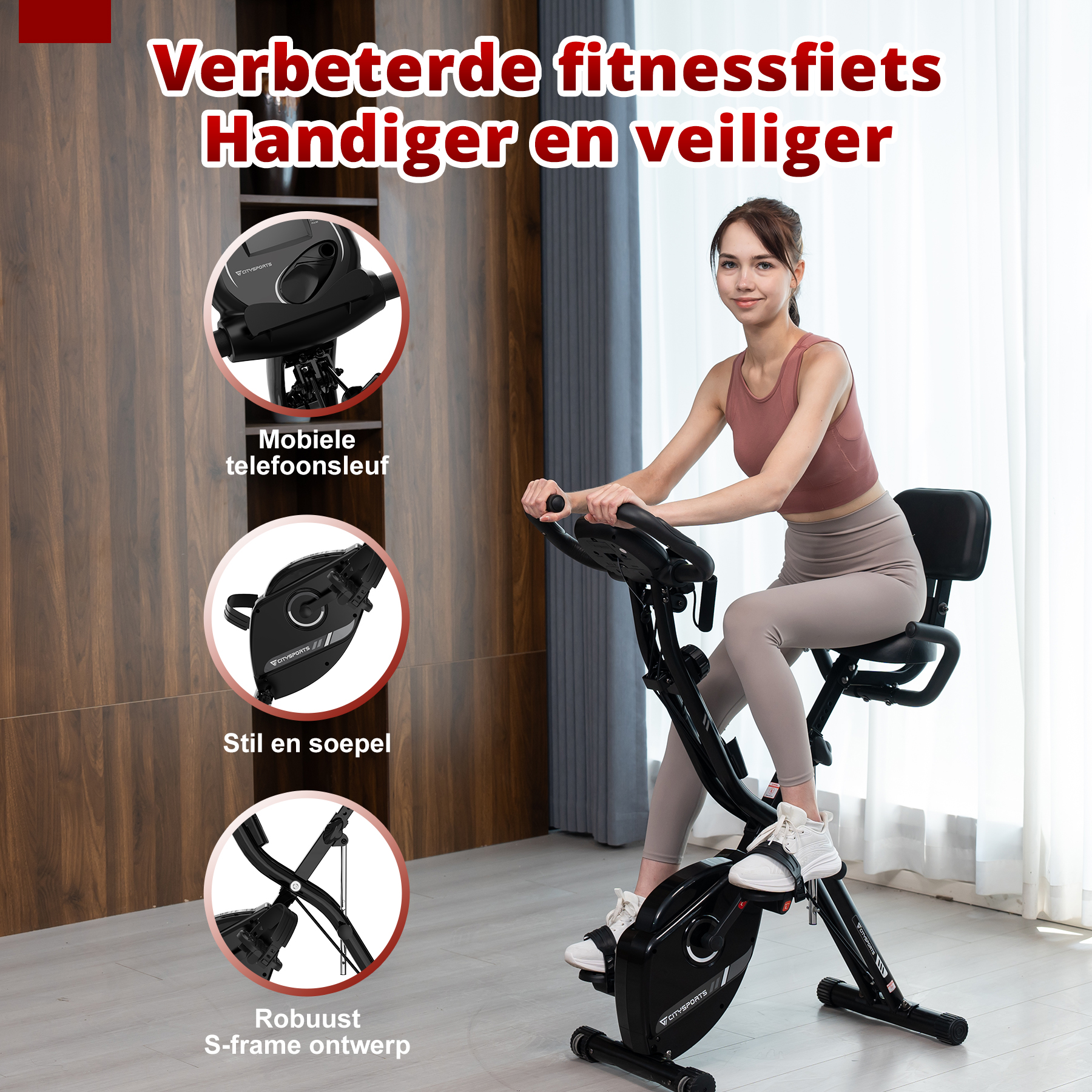 Woman on a stationary bike with information about the bike's features and design.