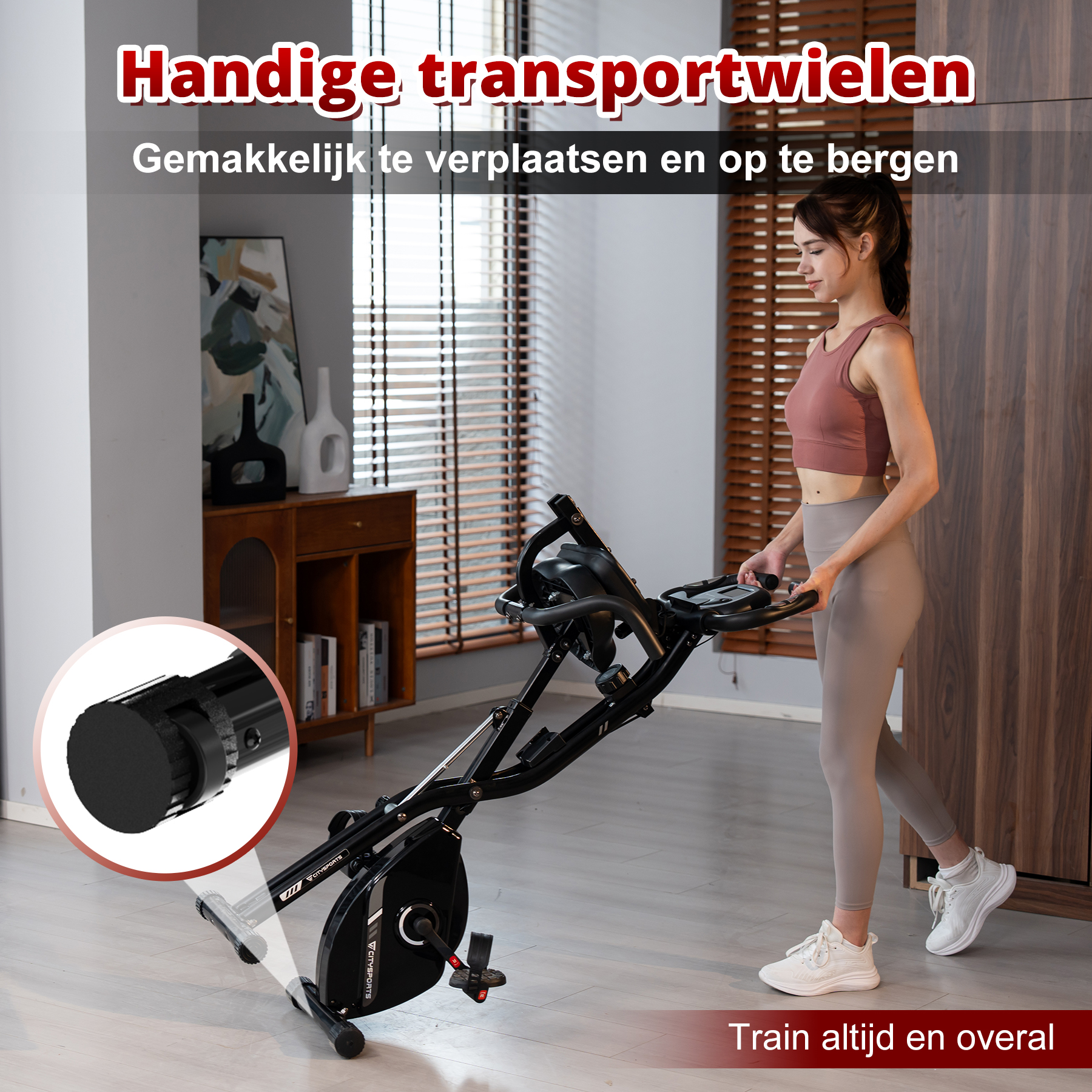 A woman is shown with a stationary exercise bike. The text promotes the bike's features, including transport wheels and ease of use.