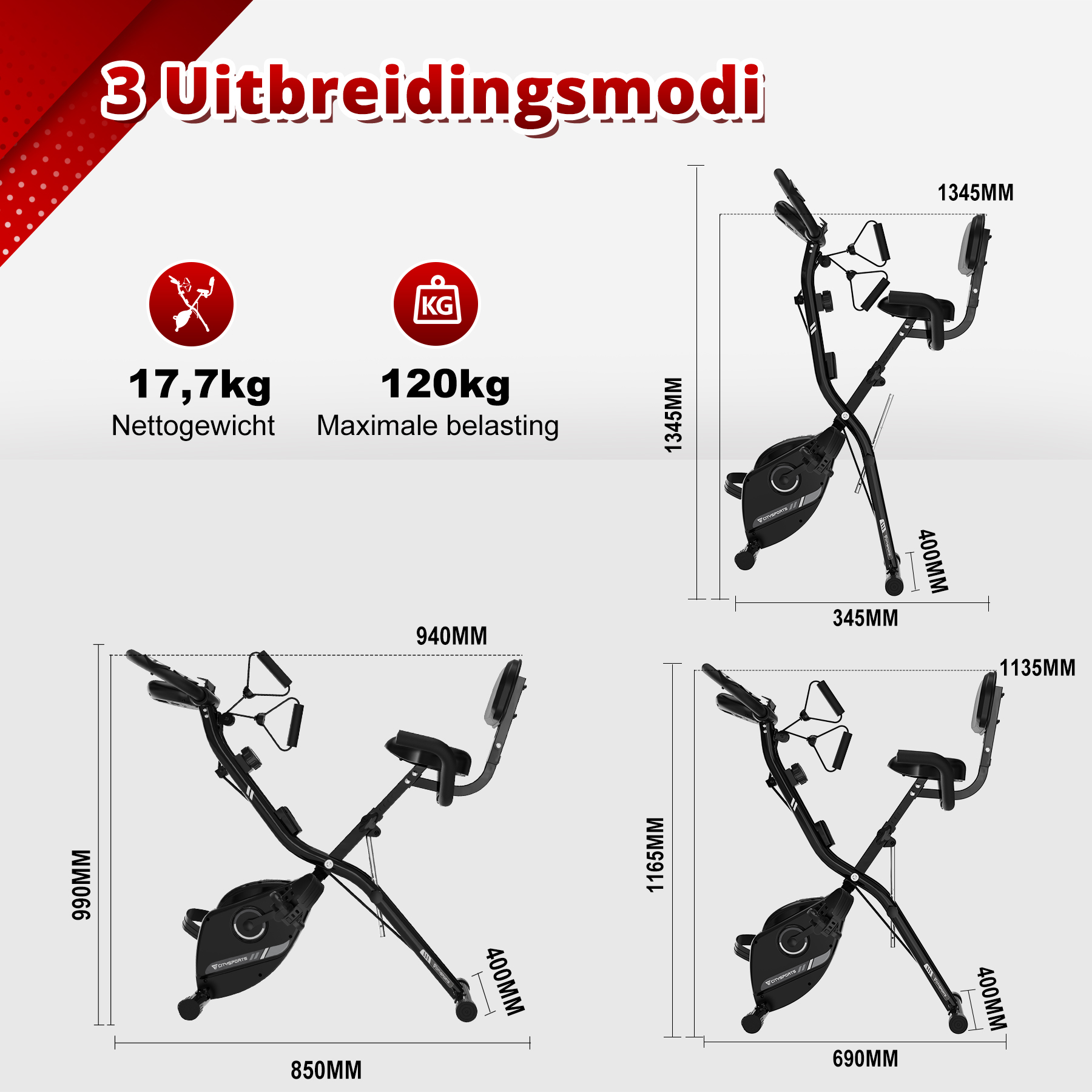 Diagram of a stationary exercise bike with dimensions and weight information. Three bikes are shown, along with weight and size details.