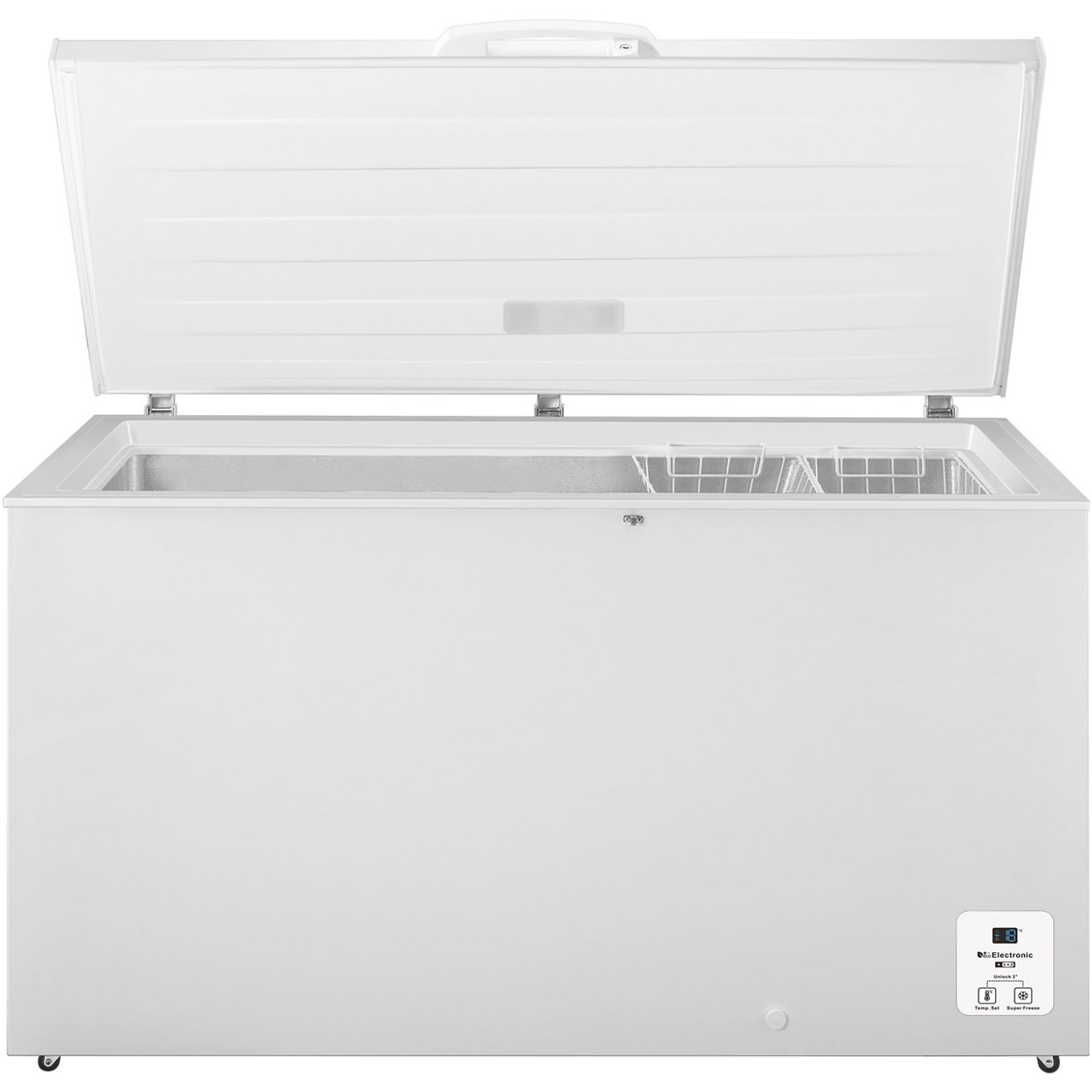 Biała zamrażarka skrzyniowa z otwartą pokrywą. W środku jest kosz.