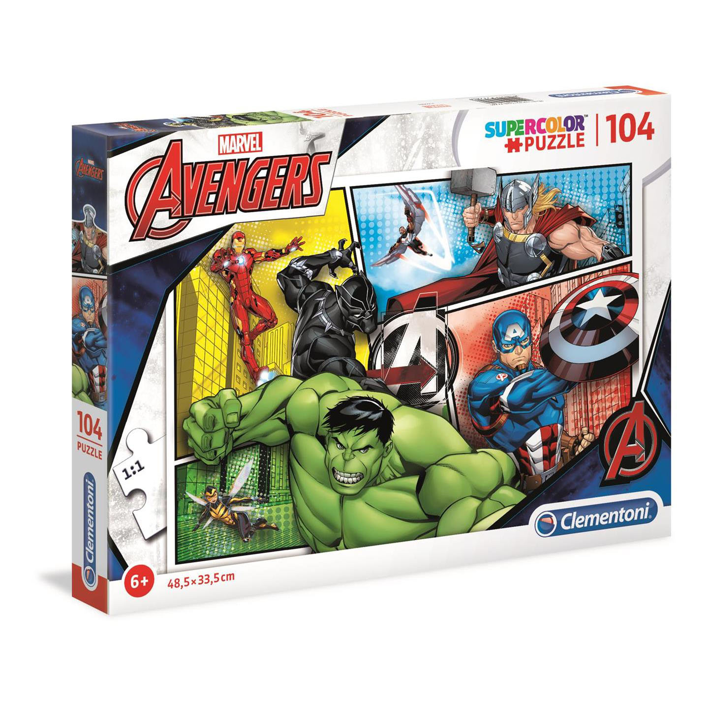 The image shows a Marvel Avengers puzzle box. The Hulk, Iron Man, Thor, Captain America, and Black Panther are featured.