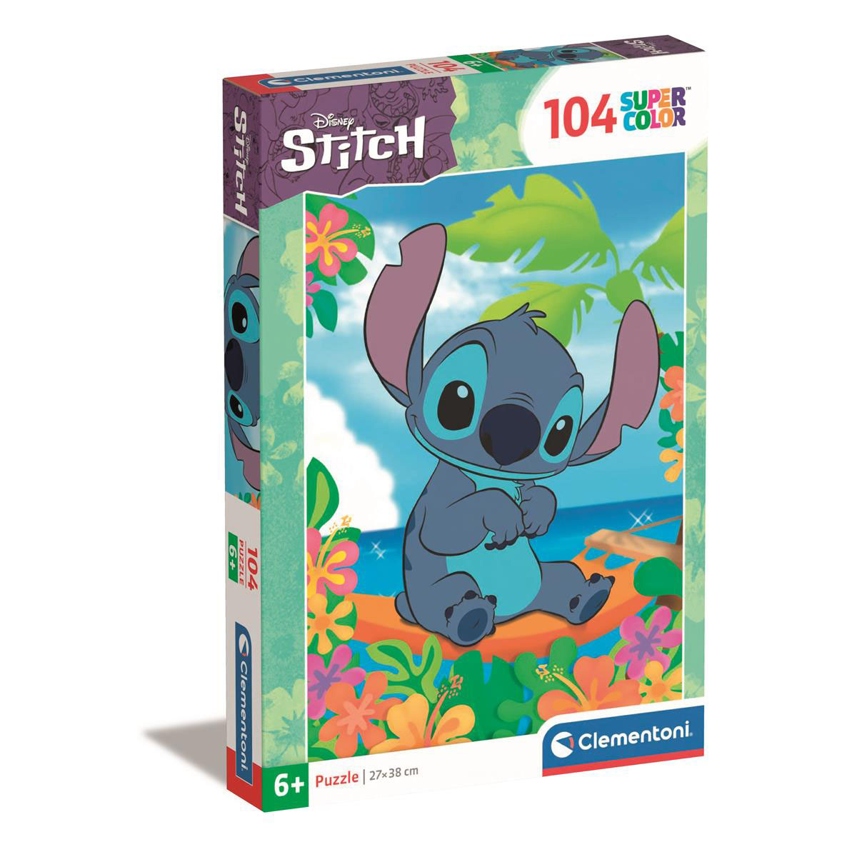 Obraz przedstawia pudełko z puzzlami Stitch. Stitch siedzi przed błękitnym oceanem i zielonymi palmami.