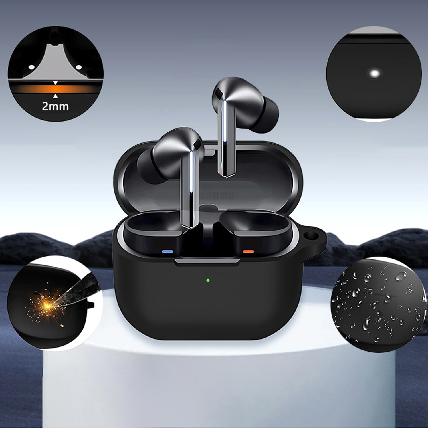 L'immagine mostra auricolari wireless in una custodia nera su una superficie bianca, evidenziandone le caratteristiche.
