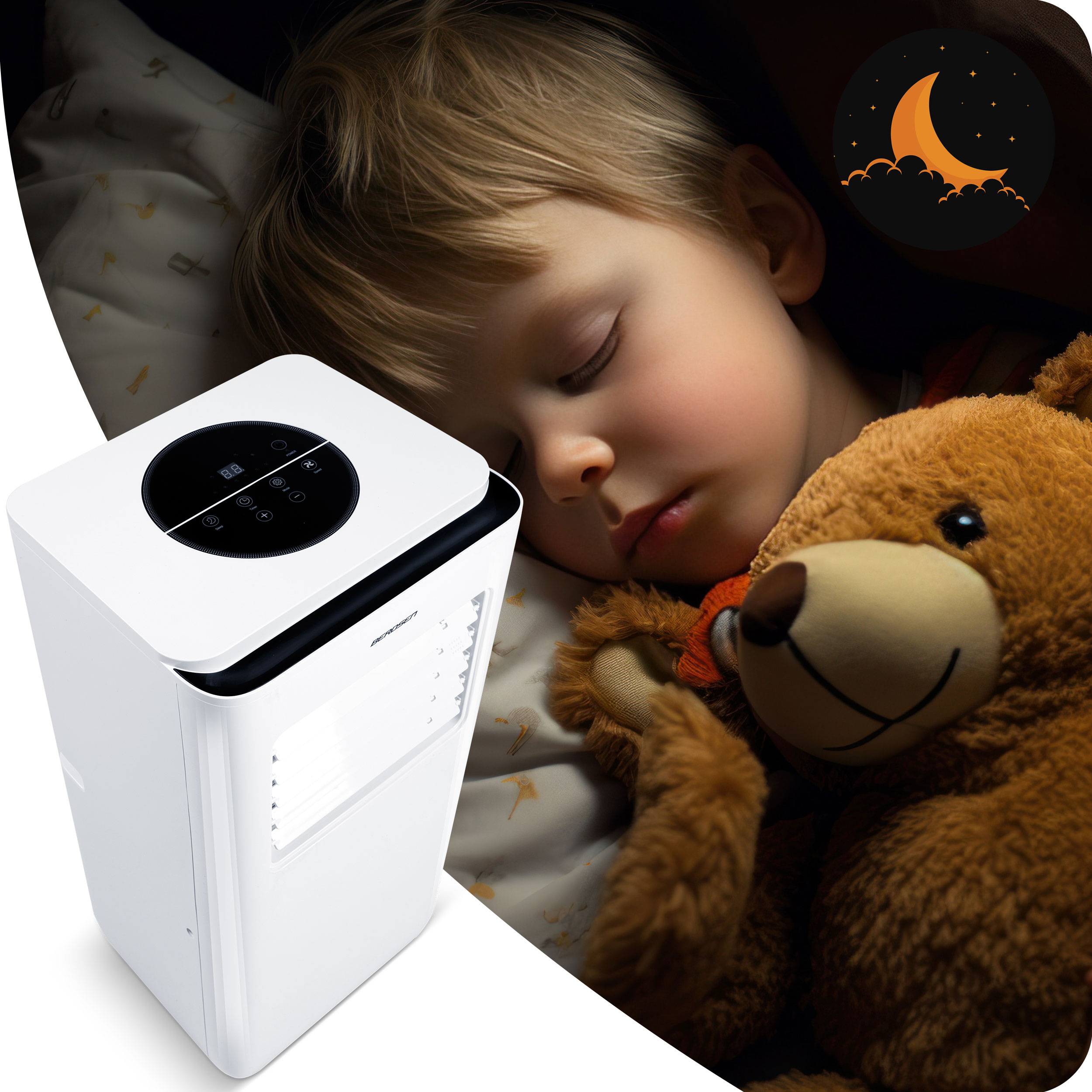 Dziecko śpiące z misiem i biały oczyszczacz powietrza.