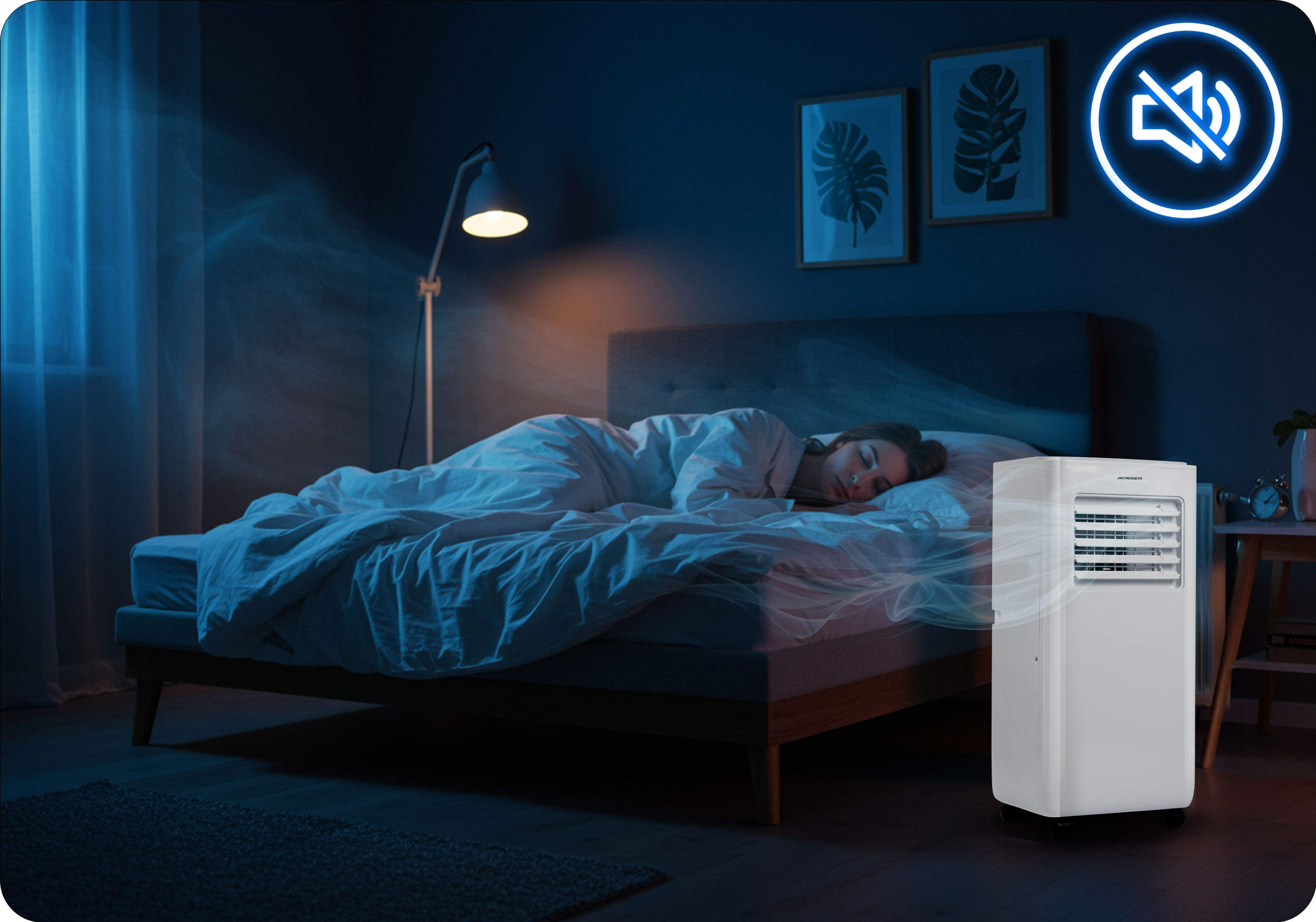 Osoba śpiąca w łóżku, oczyszczacz powietrza w pobliżu łóżka.