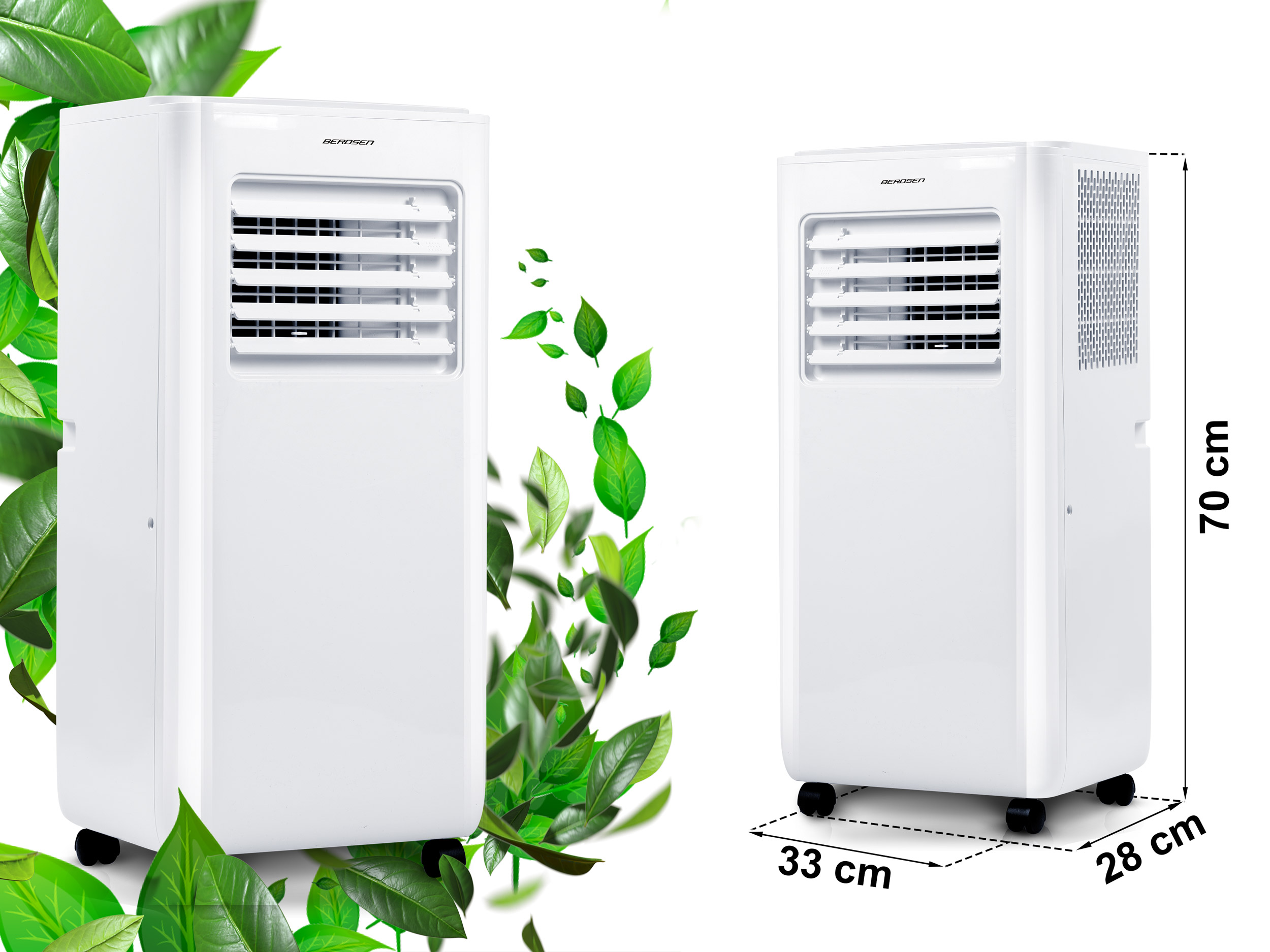 Biała chłodziarka powietrza z wymiarami i zielonymi liśćmi. Ma otwory wentylacyjne i markę.