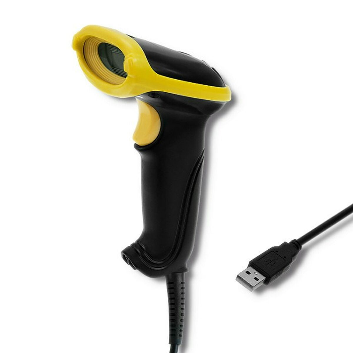 Scanner di codici a barre nero e giallo con cavo USB. L'impugnatura ha un pulsante giallo.