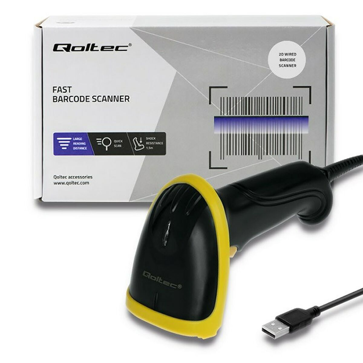 Uno scanner di codici a barre nero e giallo. Una scatola bianca con un codice a barre sullo sfondo.