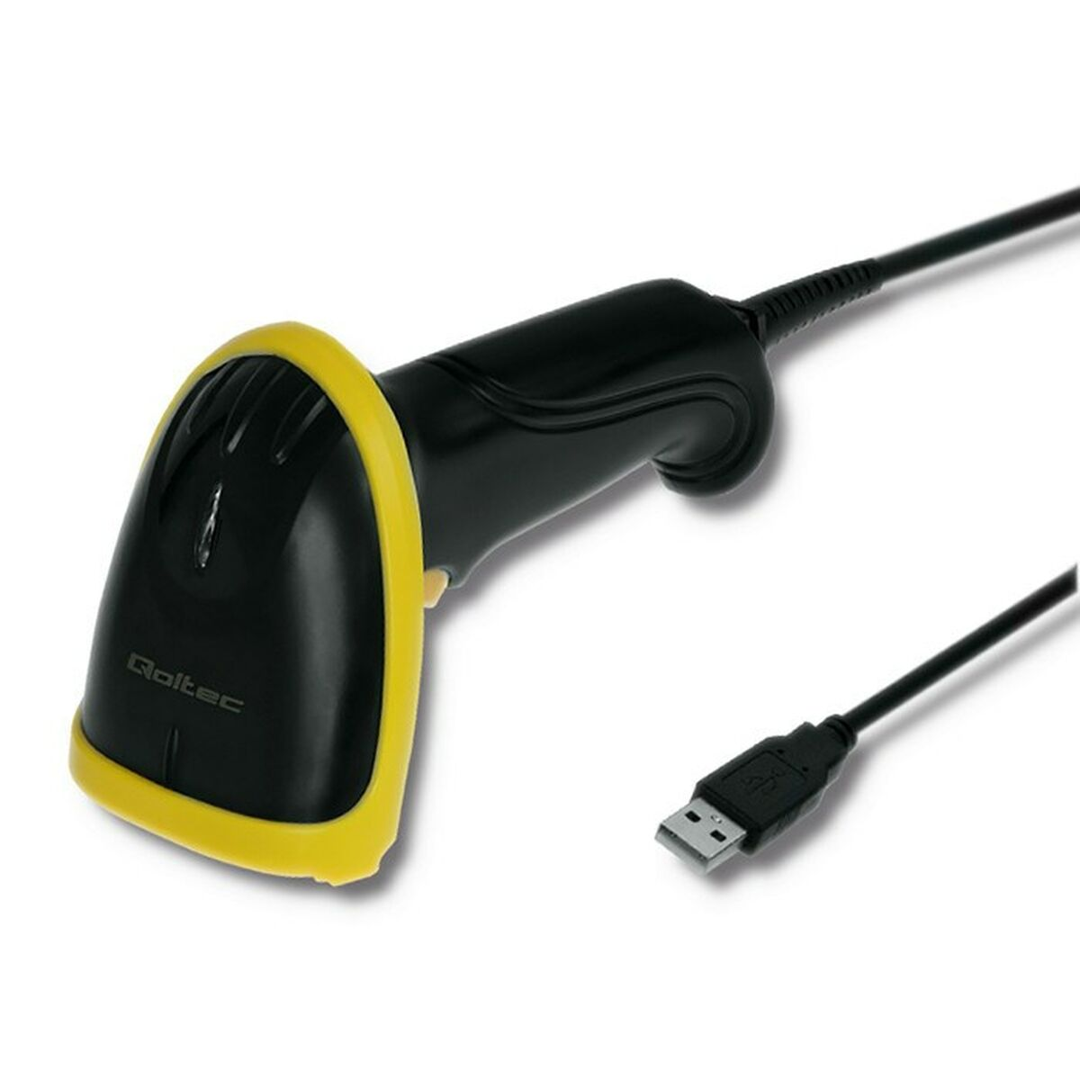 Uno scanner di codici a barre nero con finiture gialle e cavo USB collegato su una superficie bianca.