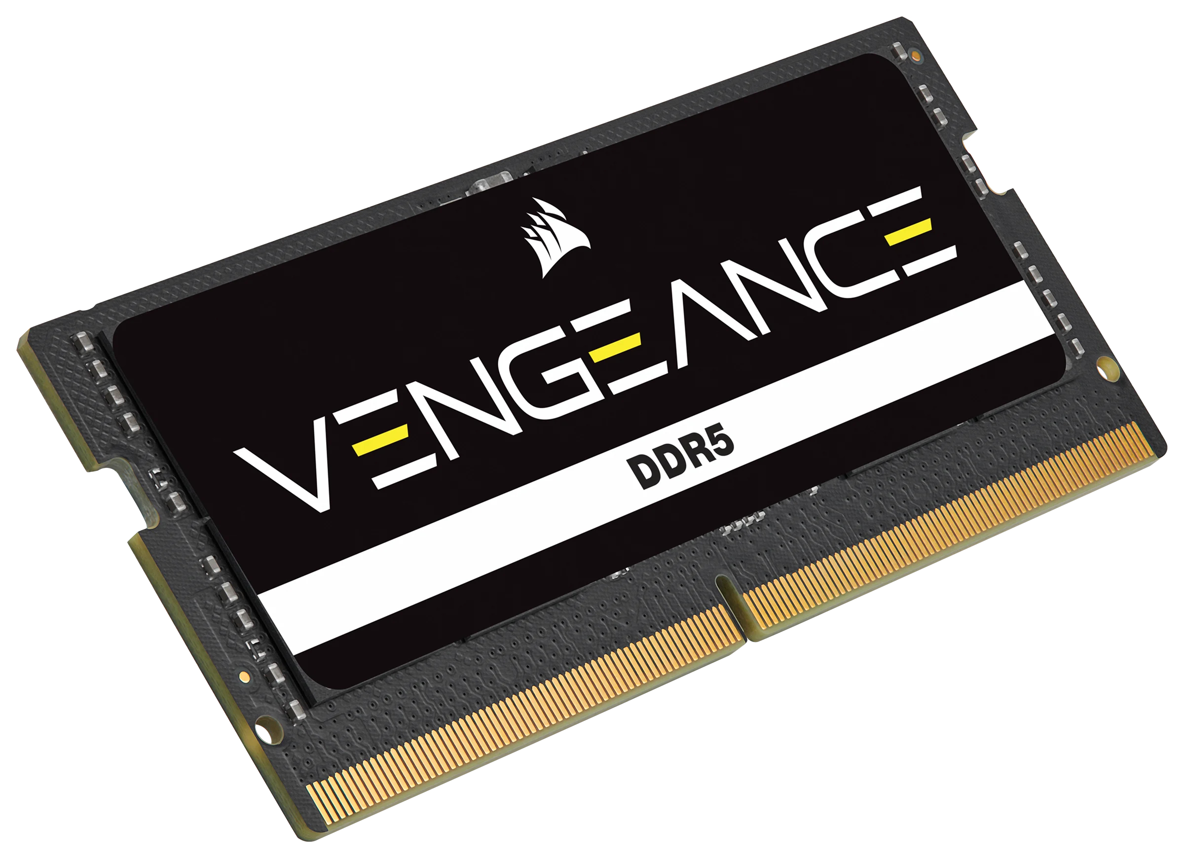 Czarny moduł pamięci RAM z napisem VENGEANCE i DDR5. Białe tło.