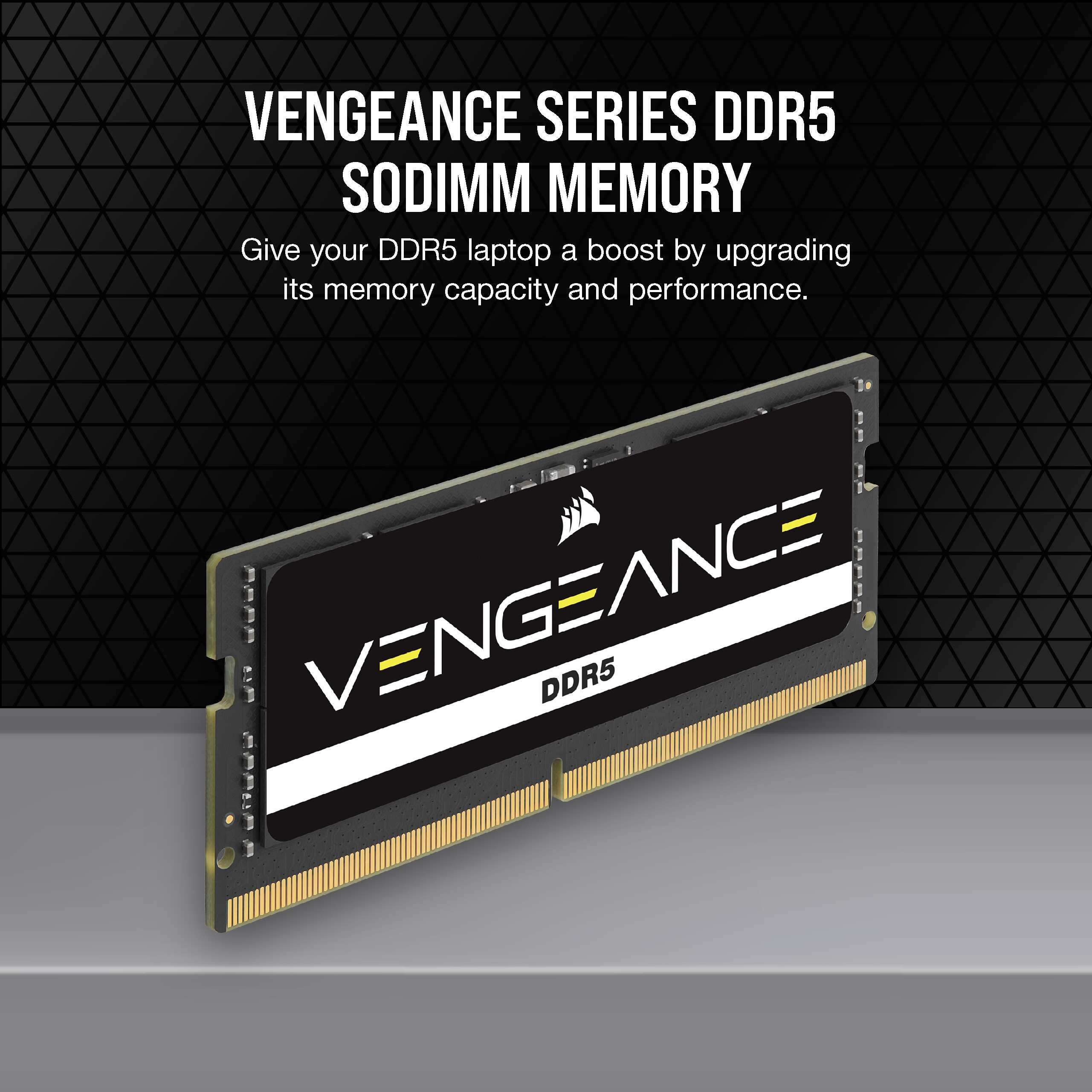 Moduł pamięci RAM z napisem VENGEANCE SERIES DDR5 SODIMM MEMORY.