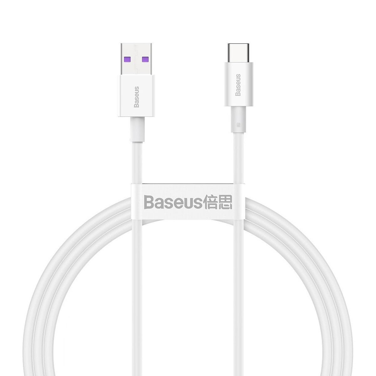 Een witte USB-kabel met een Baseus-logo aan beide uiteinden.