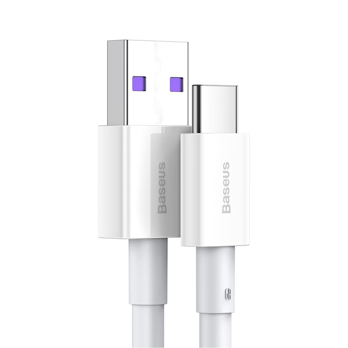 Witte en zilveren Baseus USB-kabel met twee connectoren.
