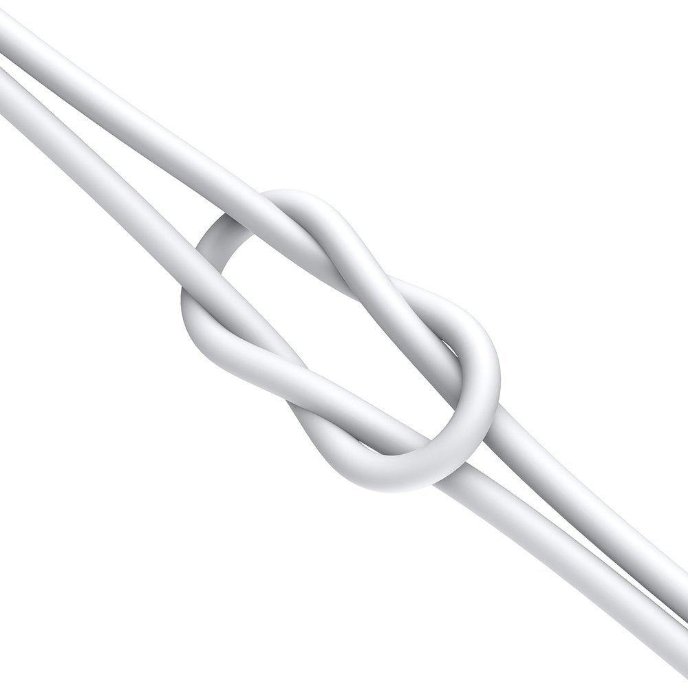 Witte kabel in een knoop, geïsoleerd op witte achtergrond.