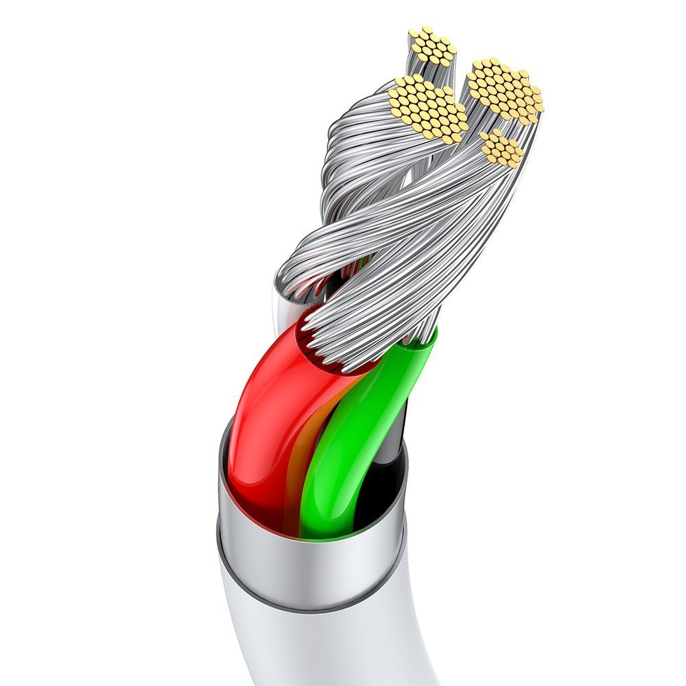 Doorsnede van een kabel met rode, groene, zilveren en gouden draden.