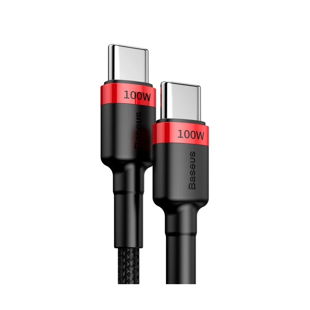 Dwa kable USB-C, czarne, z czerwonymi akcentami, oznaczone 100W.