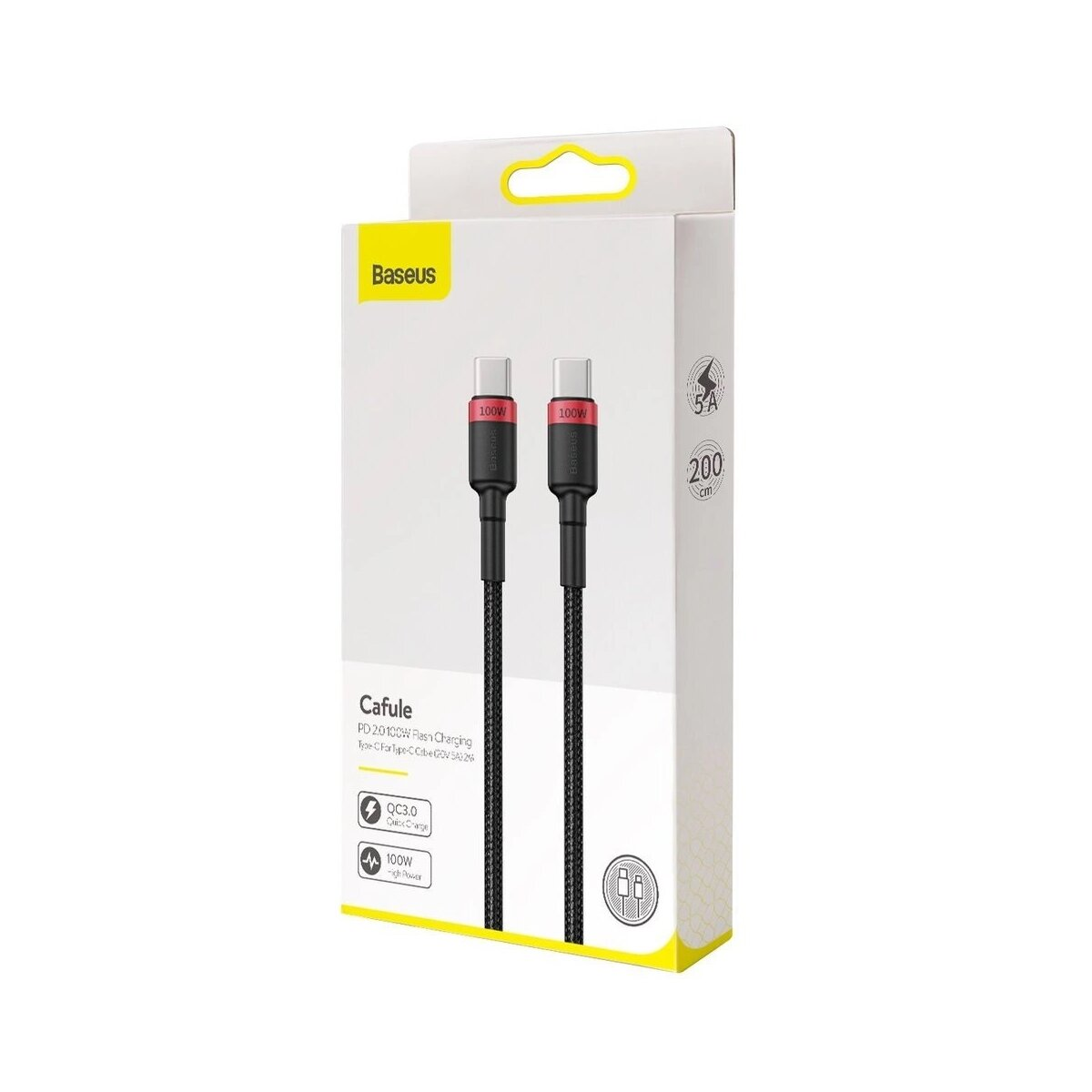 Kabel USB-C Baseus Cafule w opakowaniu, pokazujący szczegóły kabla i pudełka.