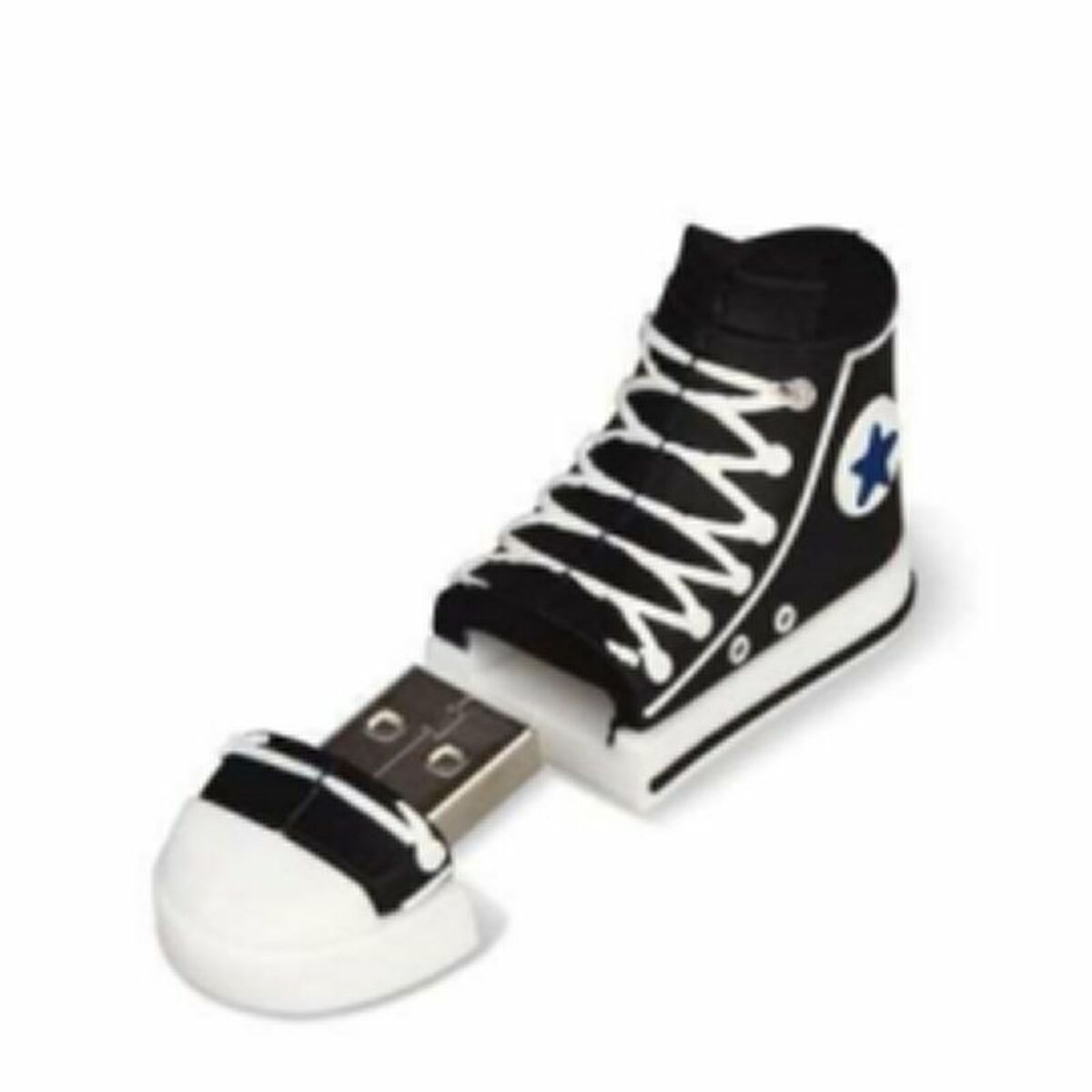 Sneaker USB bianco e nero con una stella, su sfondo bianco.