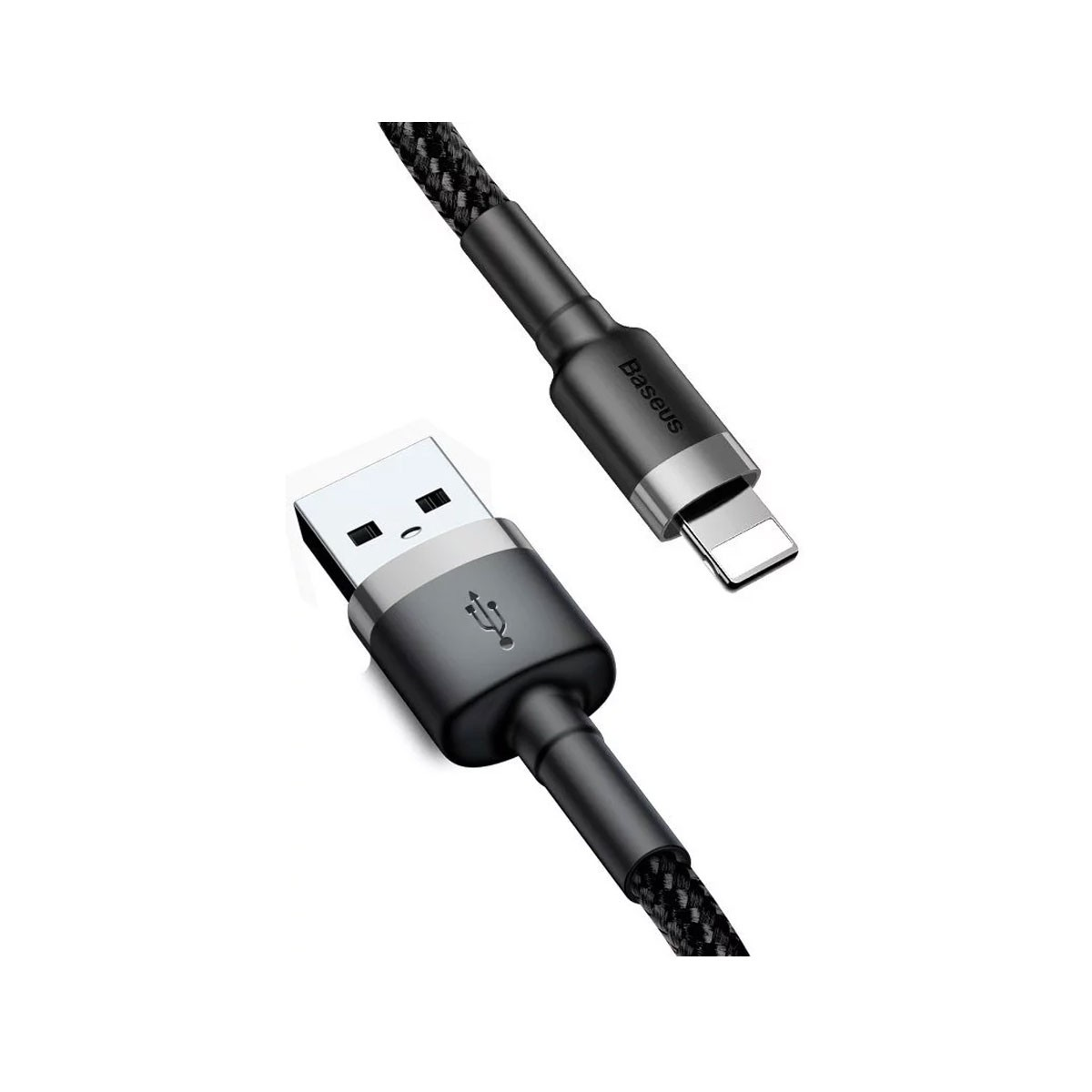 Zbliżenie czarnego kabla USB do Lightning. Widoczny jest koniec Lightning.